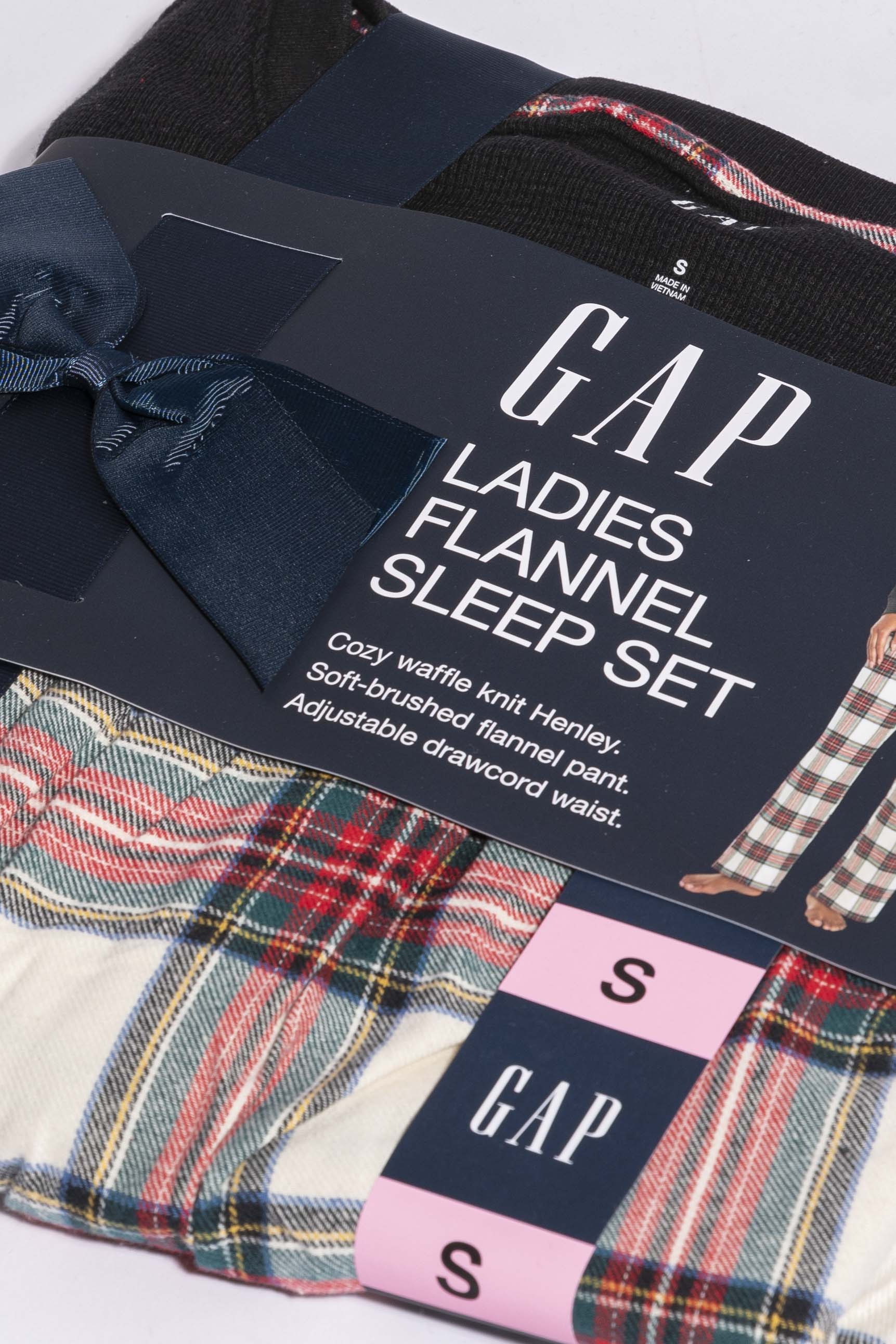 Flannel Plain Long Sleeve Top And Checkered Trousers Pajama Set