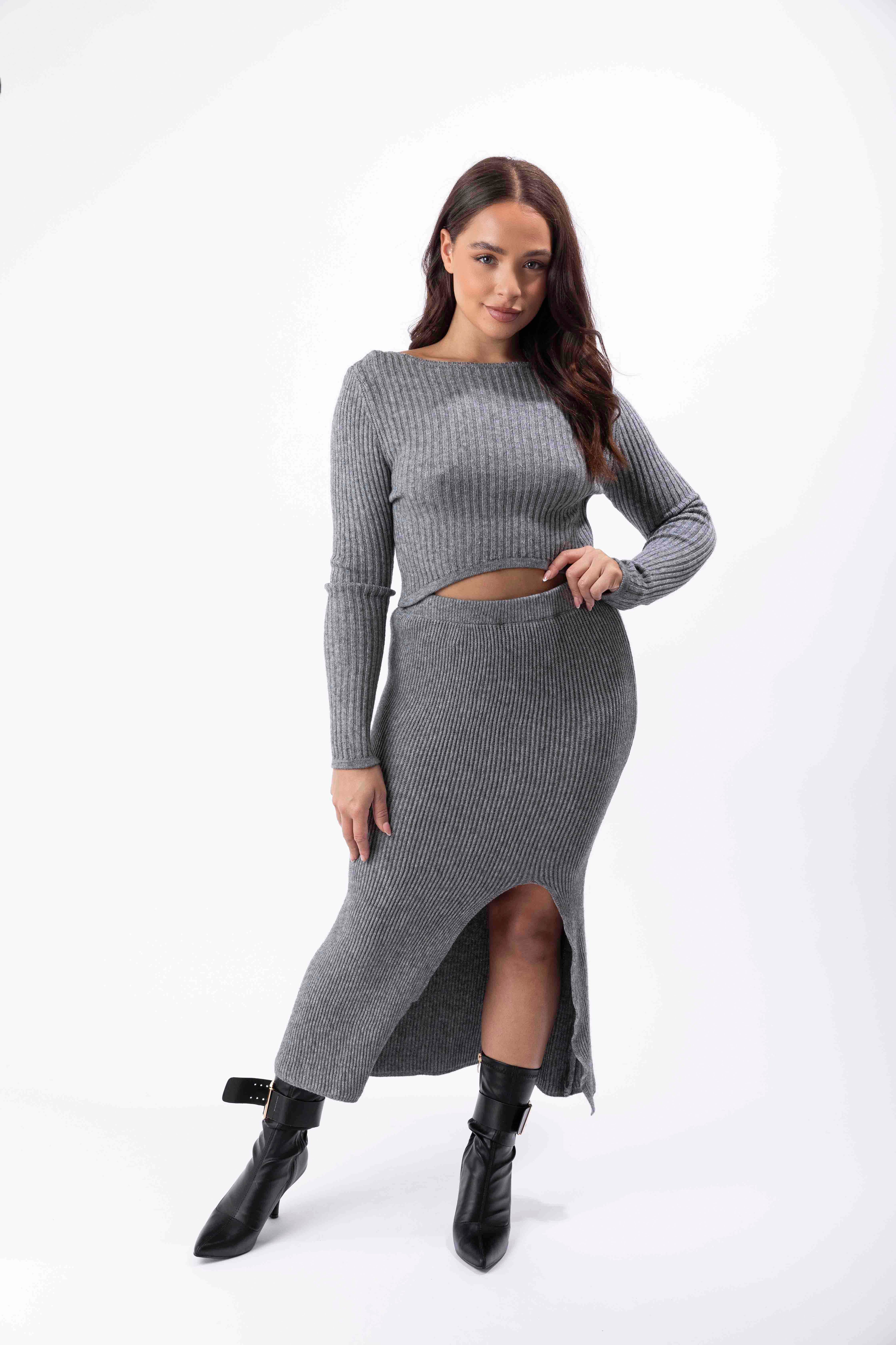 Wholesale Women's Front Split Skirt And Pullover Knitted Set (PACK OF 3)