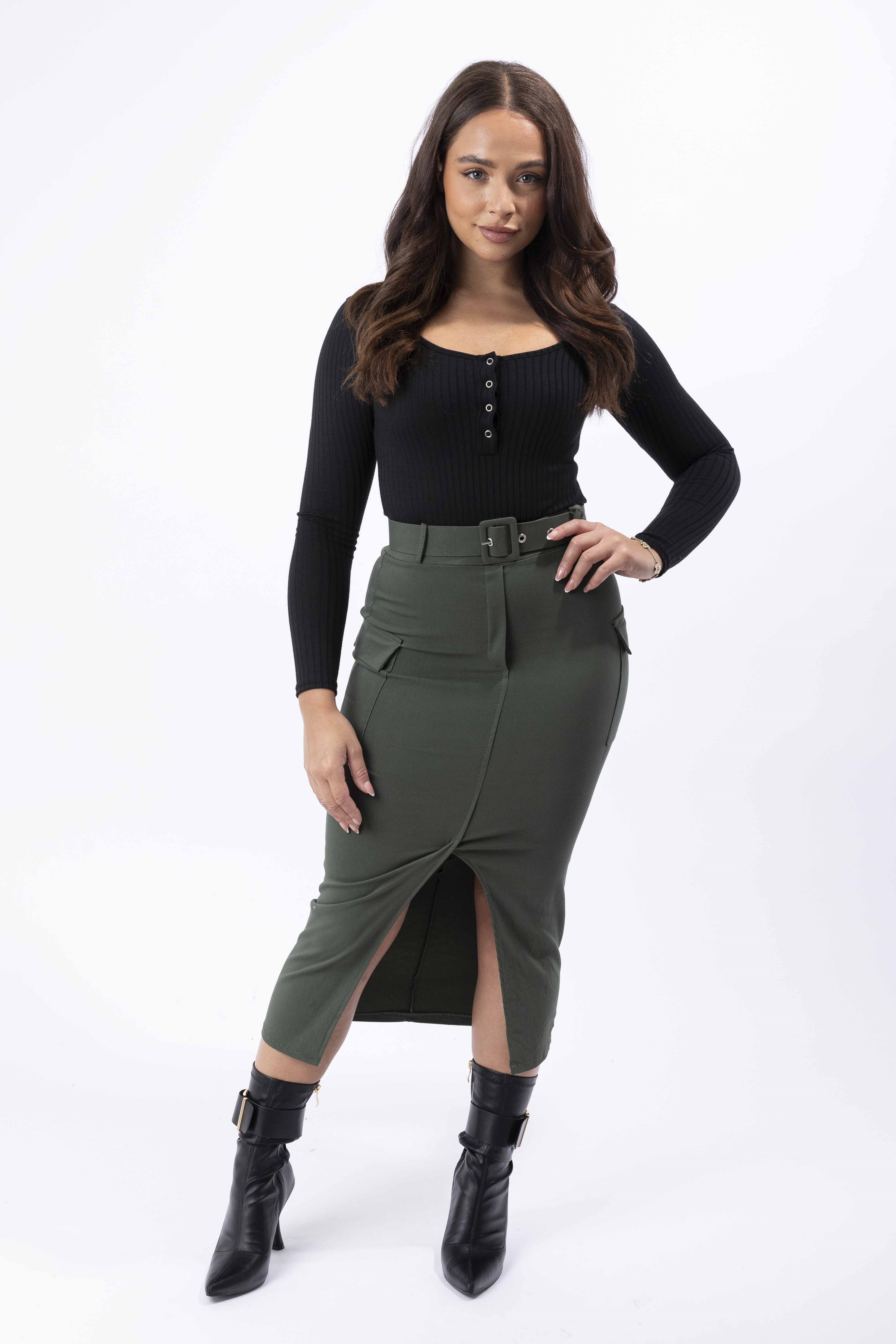 Front Split Midi Belted Cargo Skirt