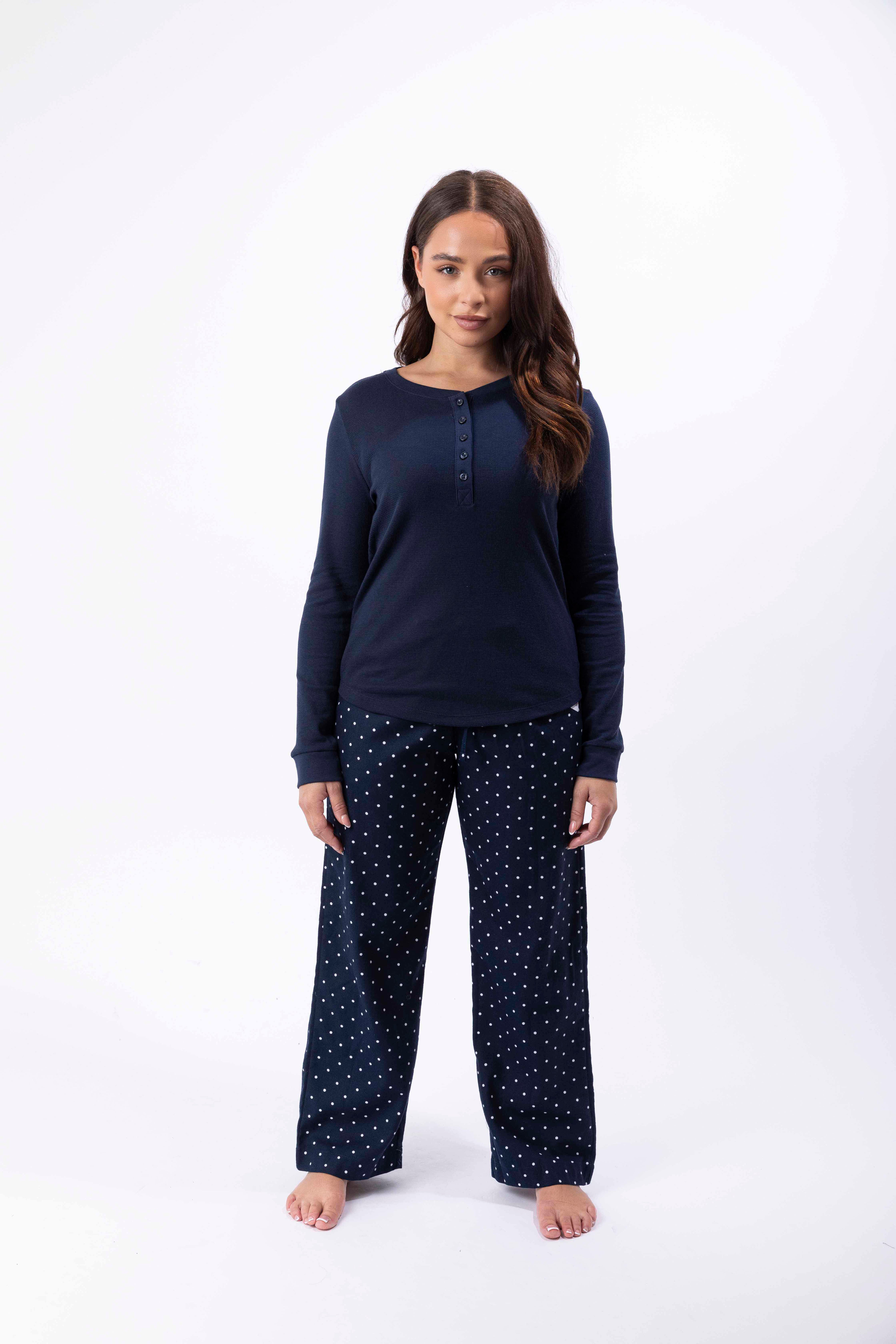 Flannel Plain Long Sleeve Top And Checkered Trousers Pajama Set