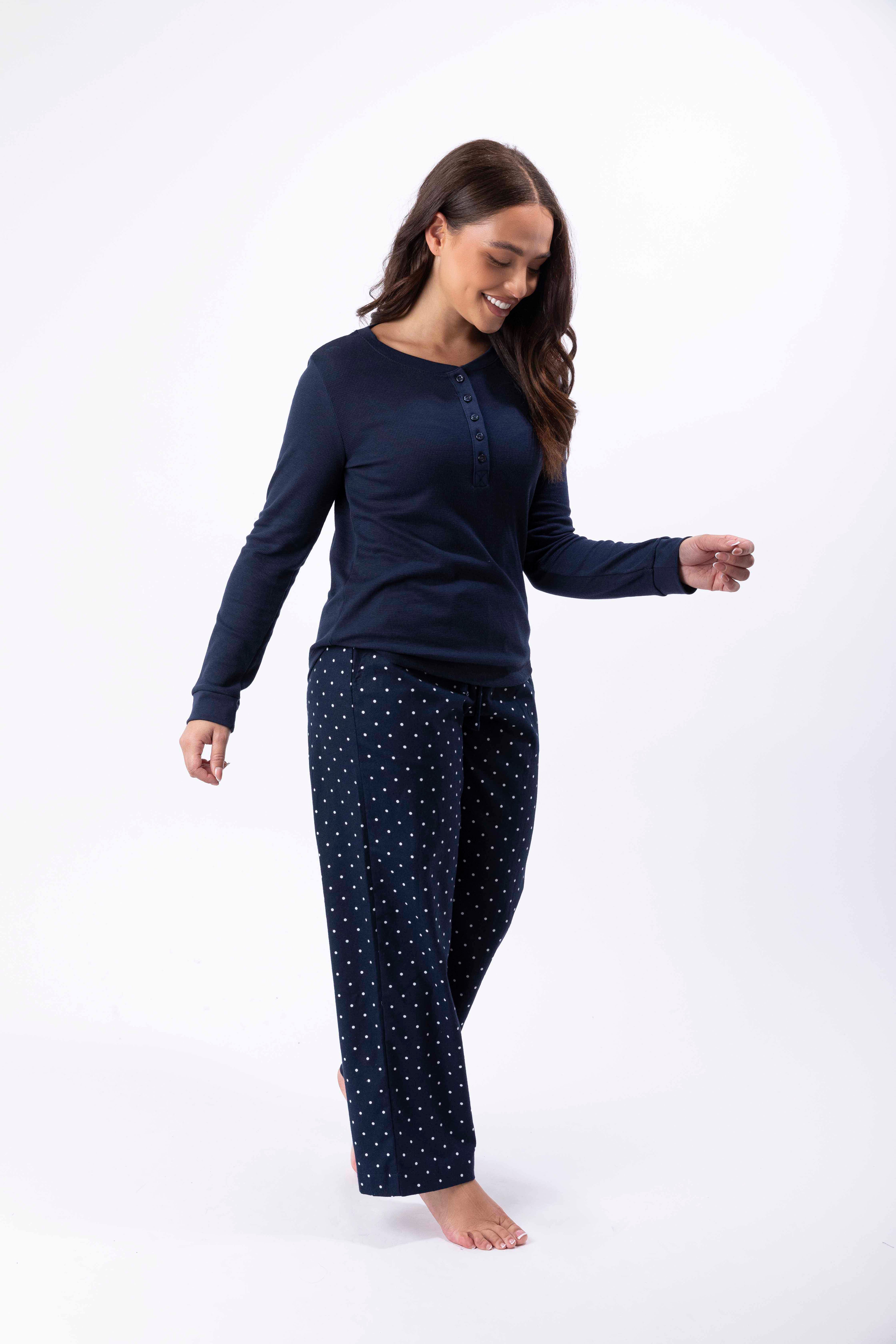 Flannel Plain Long Sleeve Top And Checkered Trousers Pajama Set