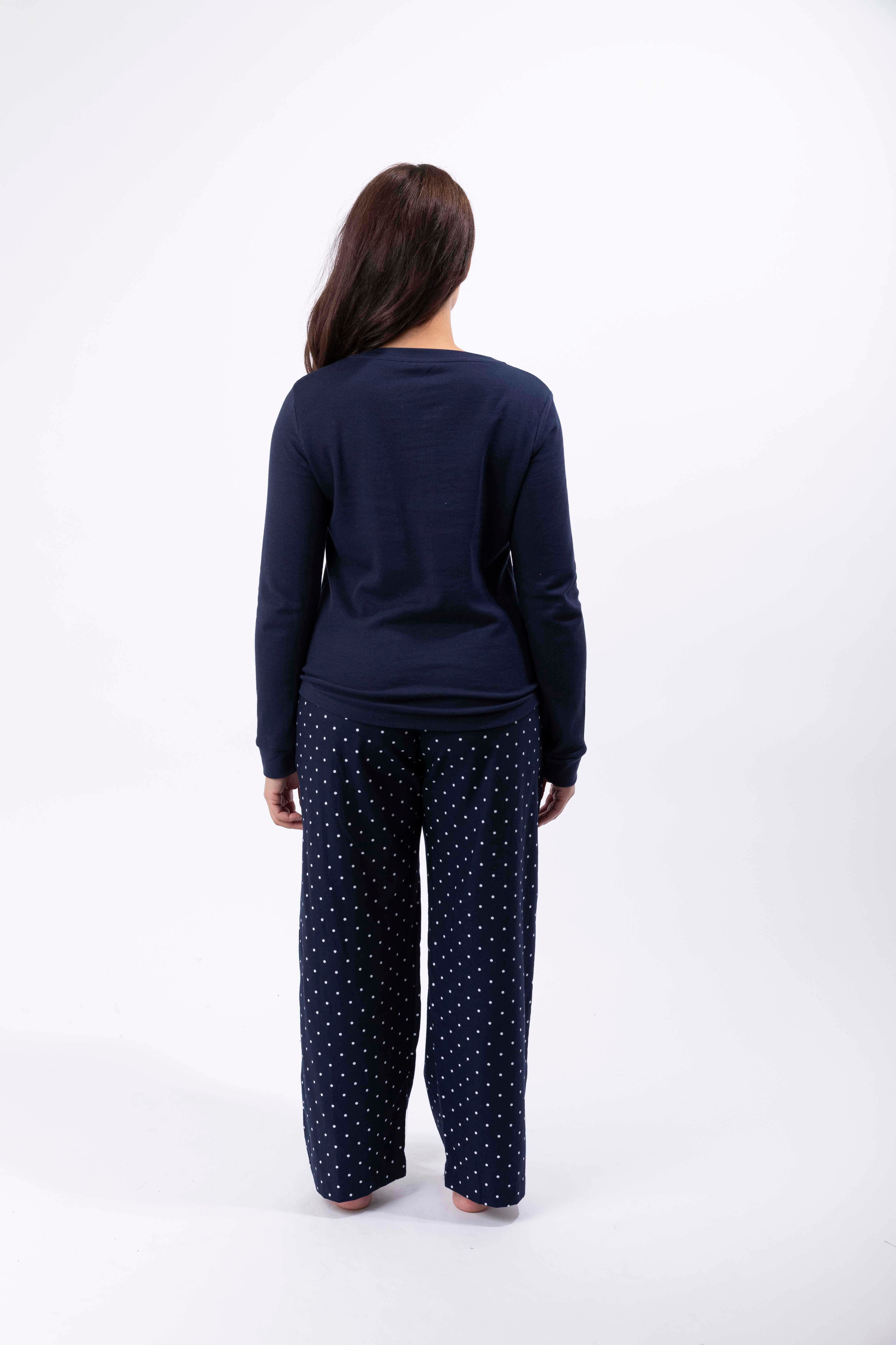 Flannel Plain Long Sleeve Top And Checkered Trousers Pajama Set