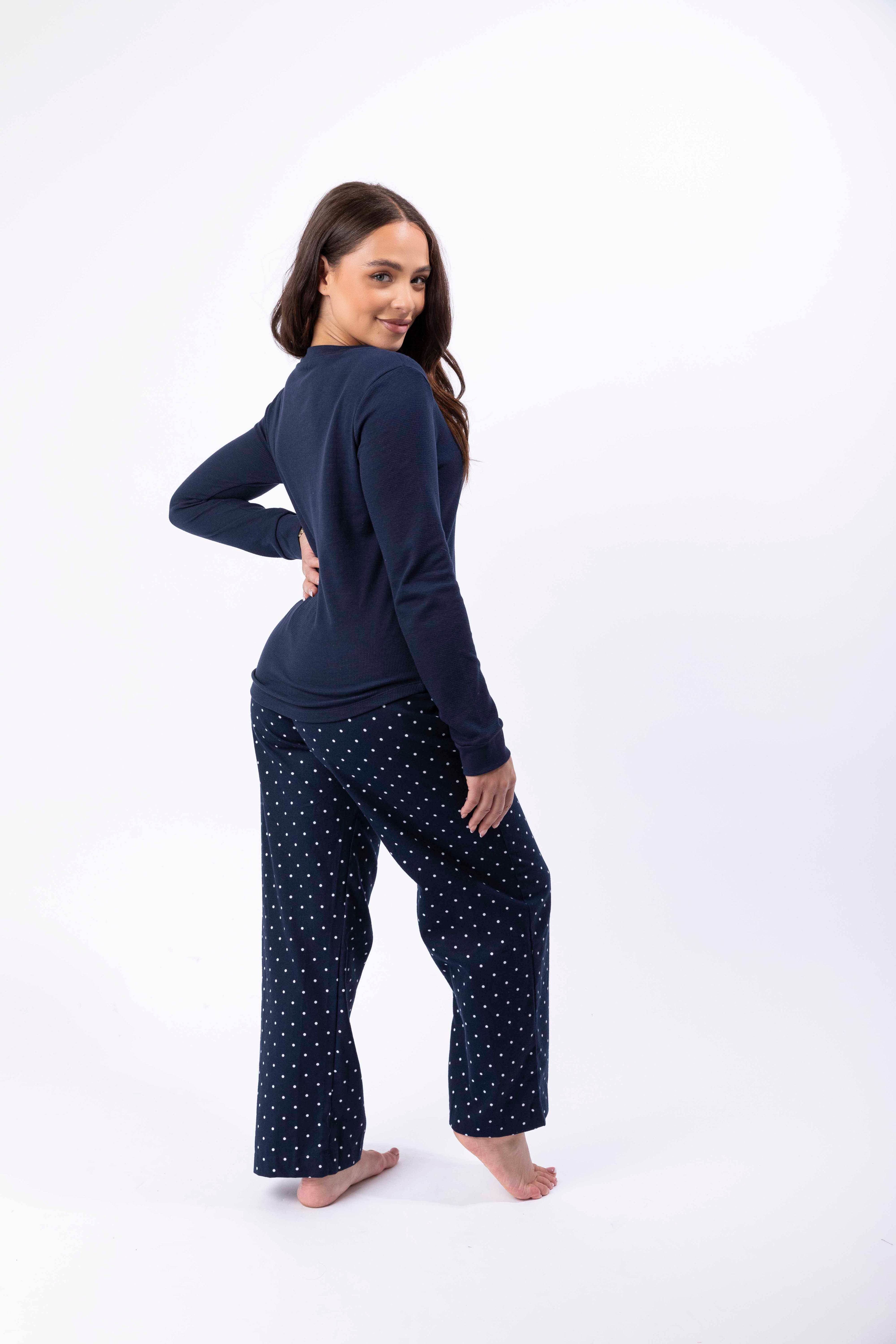 Flannel Plain Long Sleeve Top And Checkered Trousers Pajama Set