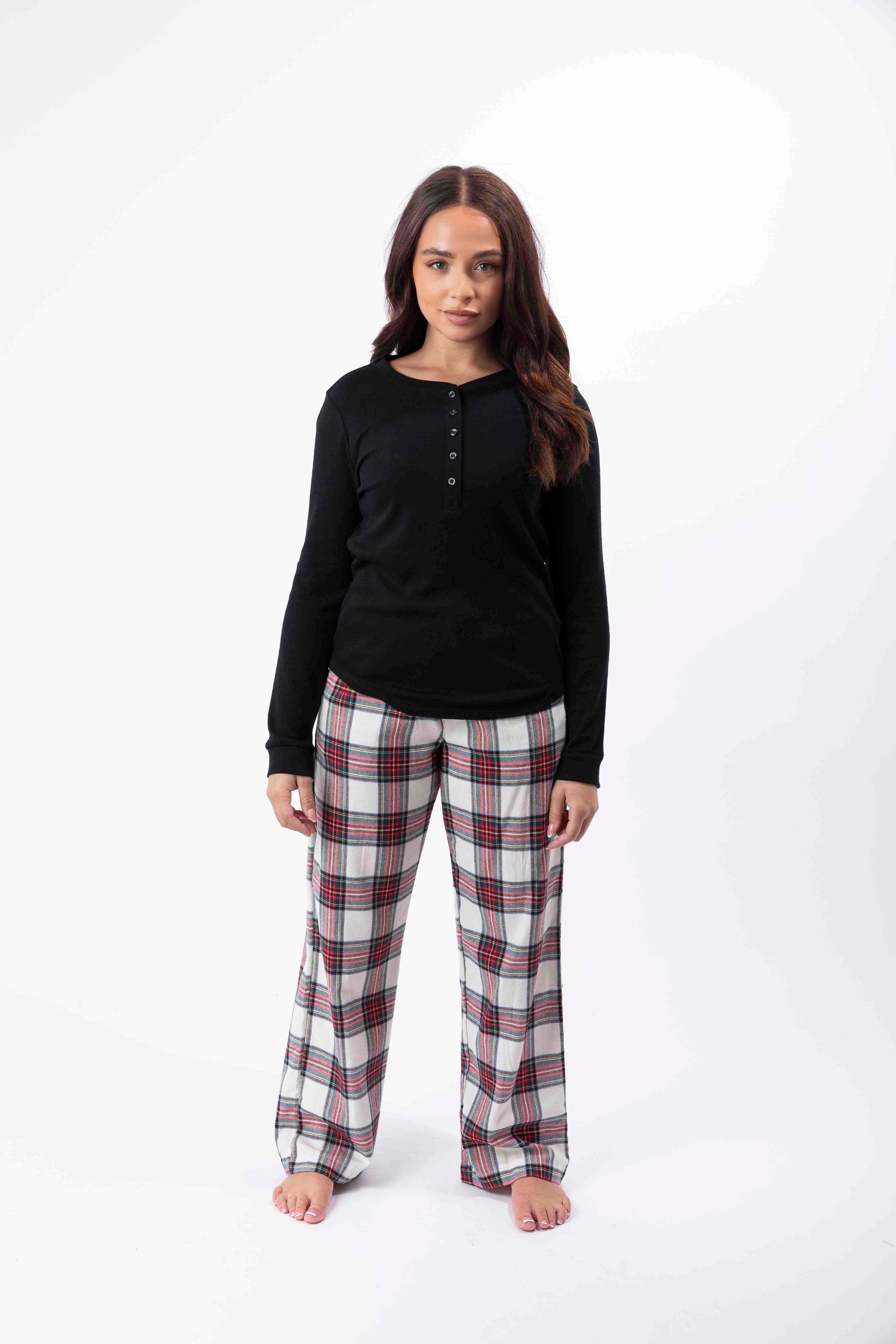 Flannel Plain Long Sleeve Top And Checkered Trousers Pajama Set