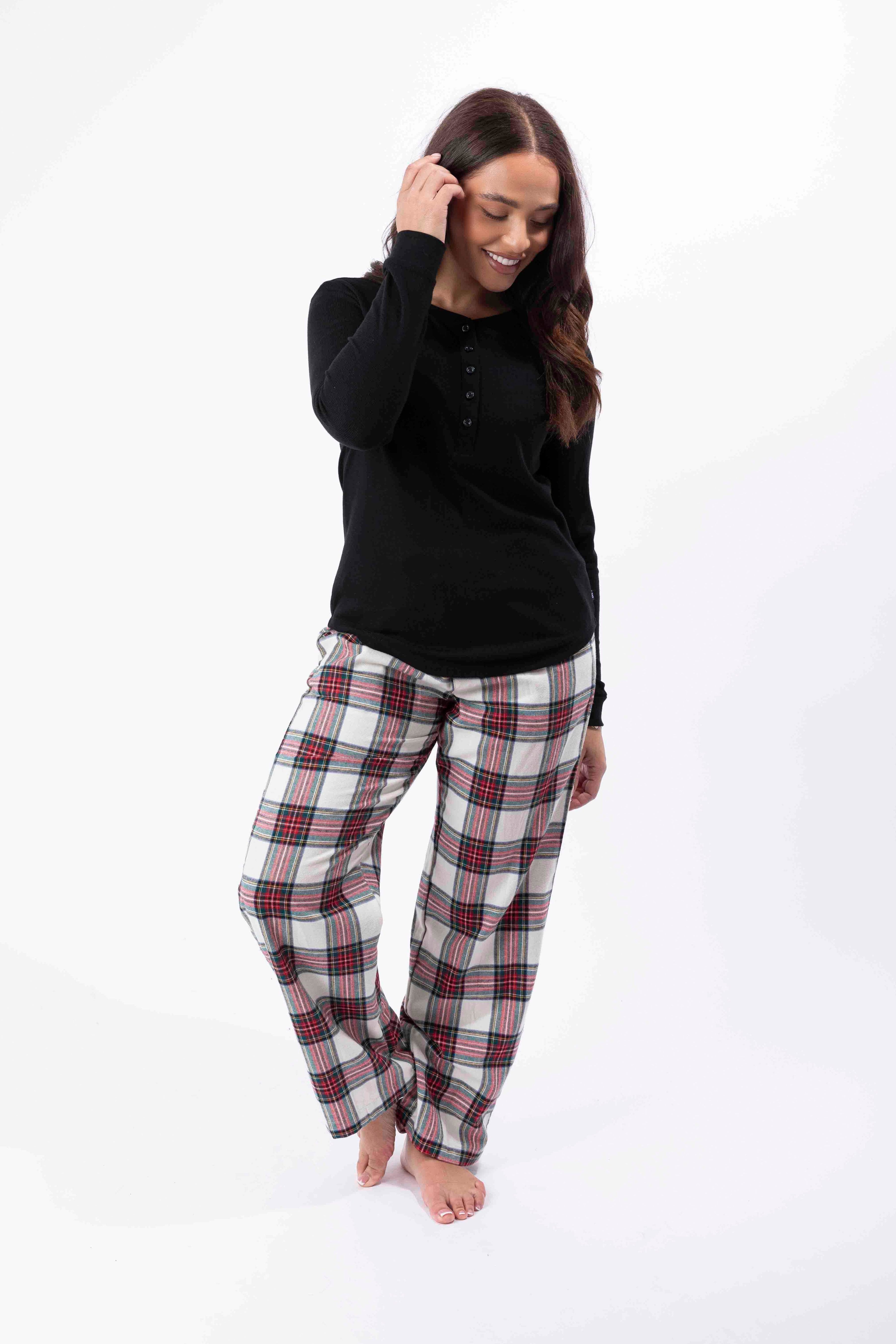 Flannel Plain Long Sleeve Top And Checkered Trousers Pajama Set