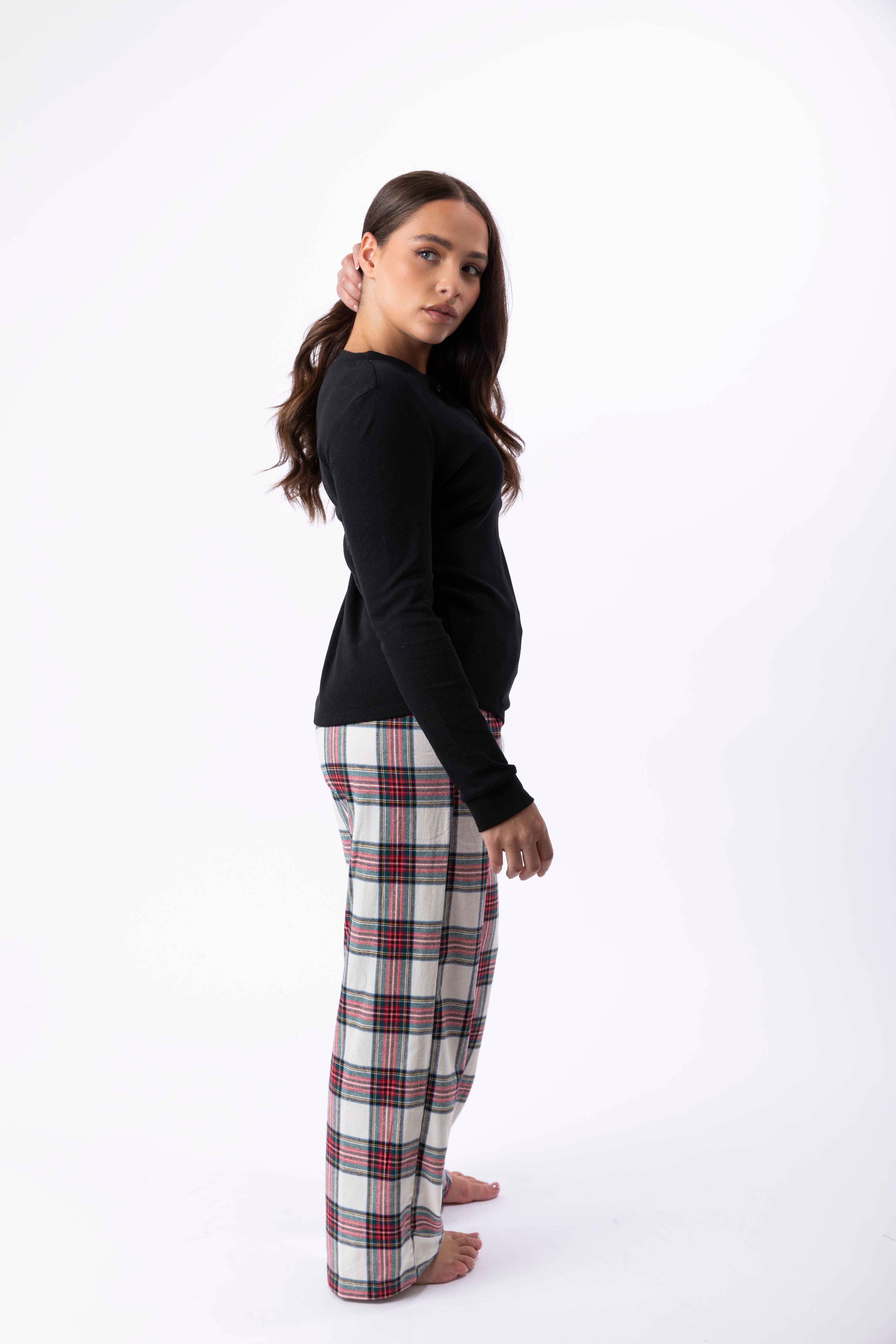 Flannel Plain Long Sleeve Top And Checkered Trousers Pajama Set
