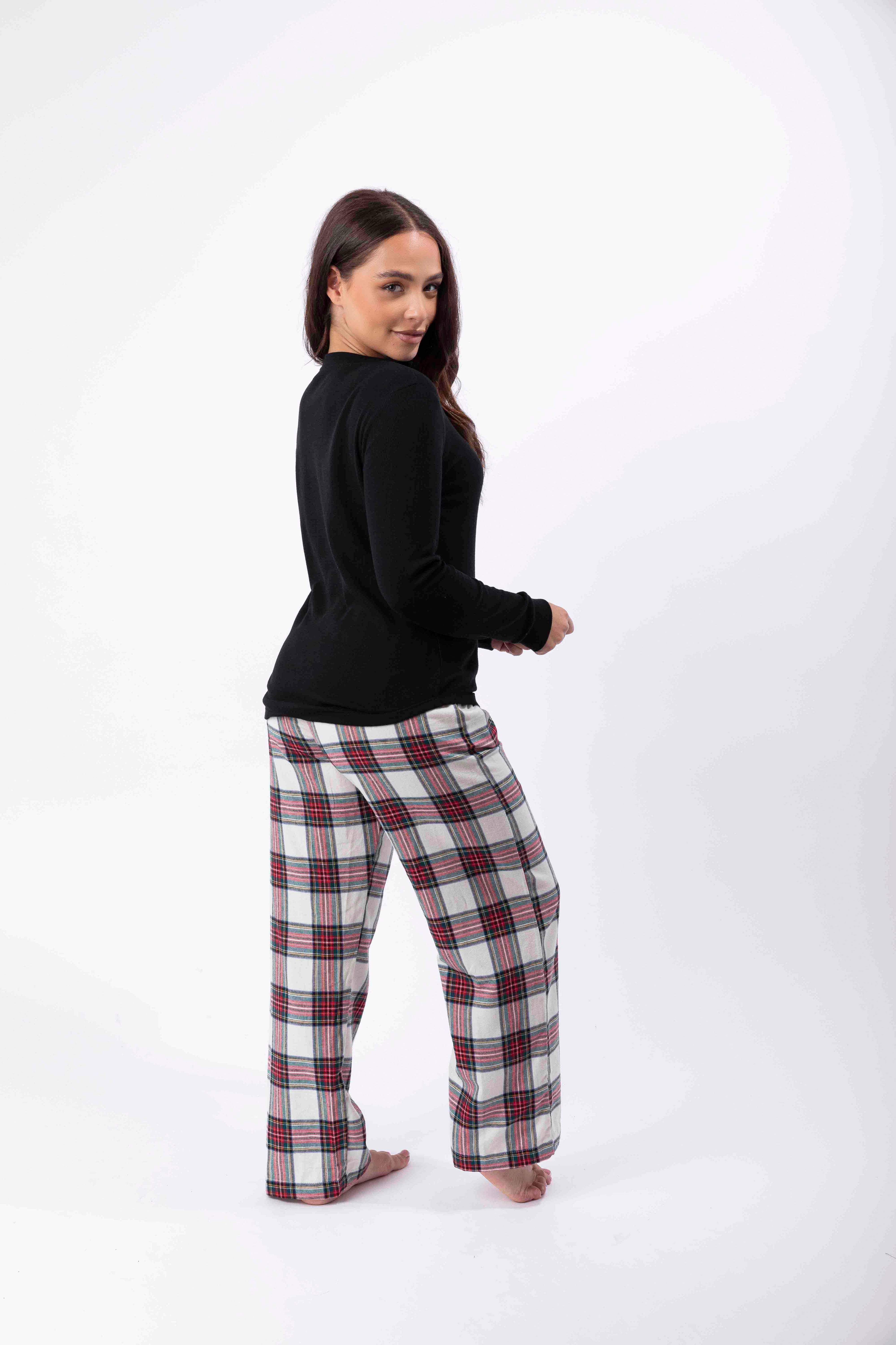 Flannel Plain Long Sleeve Top And Checkered Trousers Pajama Set