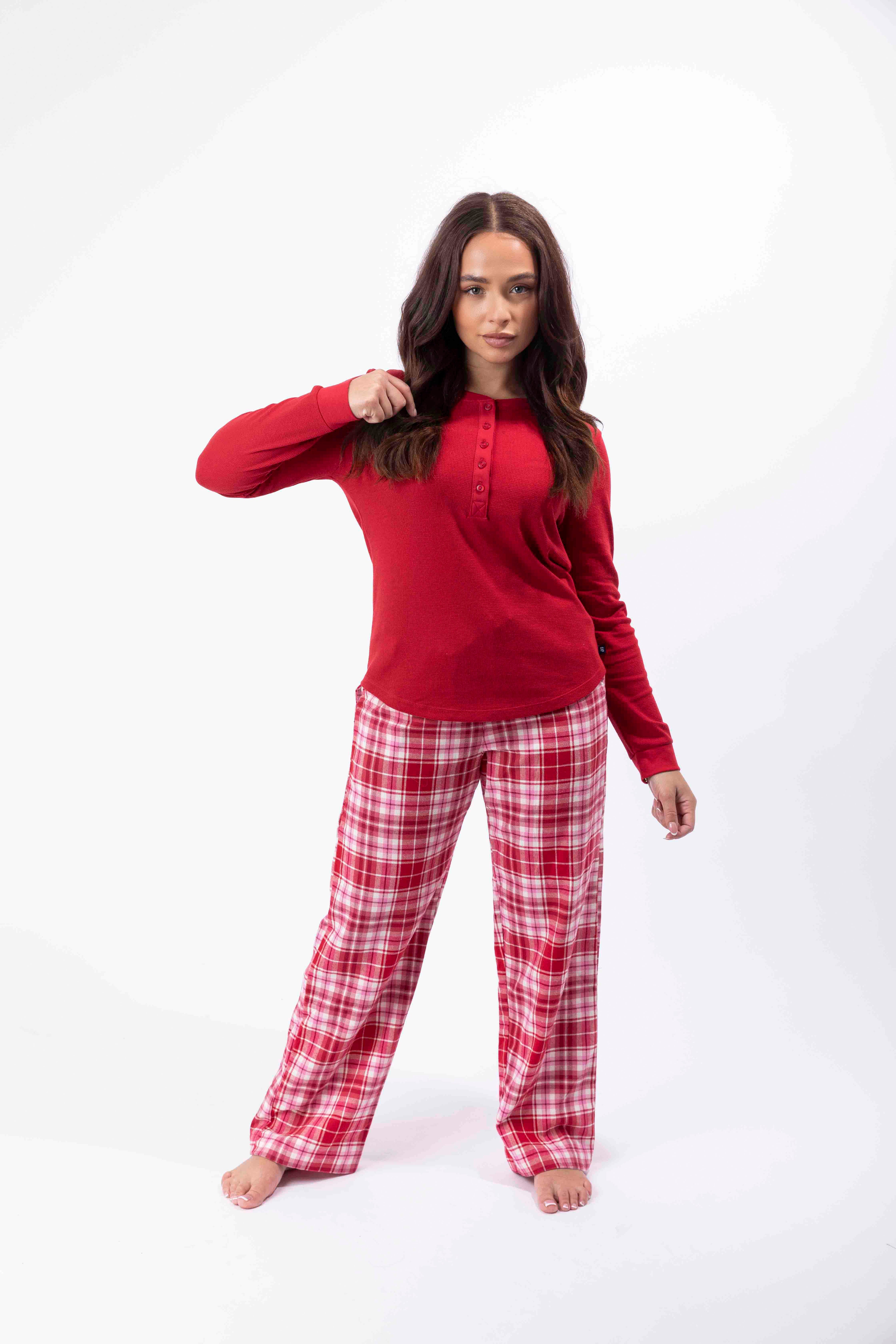 Flannel Plain Long Sleeve Top And Checkered Trousers Pajama Set
