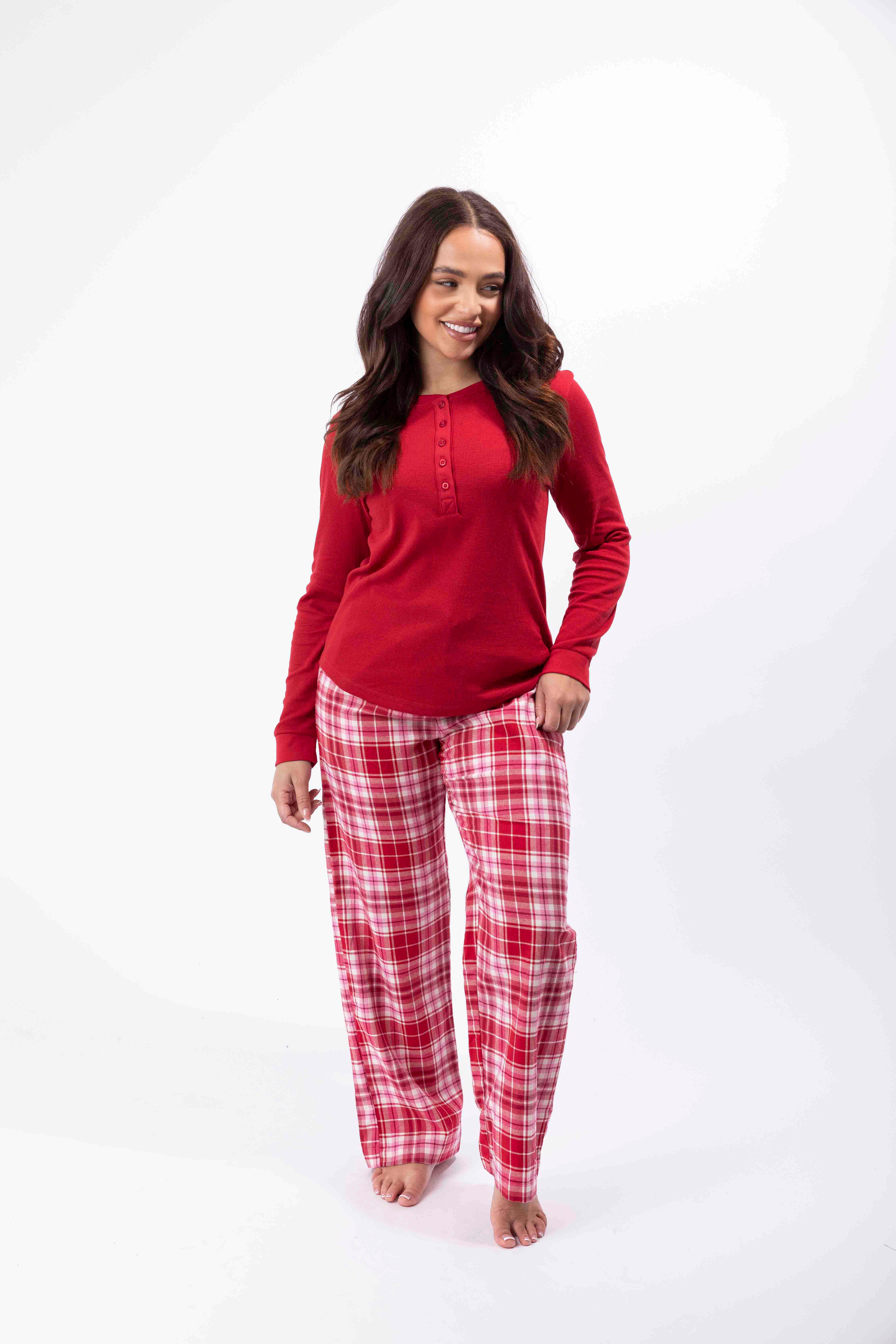 Flannel Plain Long Sleeve Top And Checkered Trousers Pajama Set
