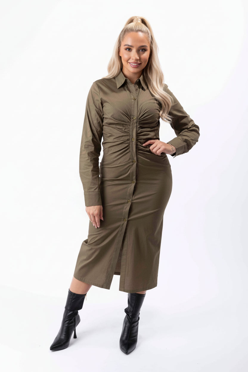 Plain Ruched Button Down Elegant Shirt Dress