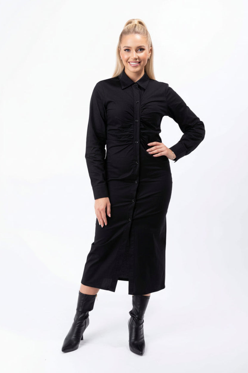 Plain Ruched Button Down Elegant Shirt Dress