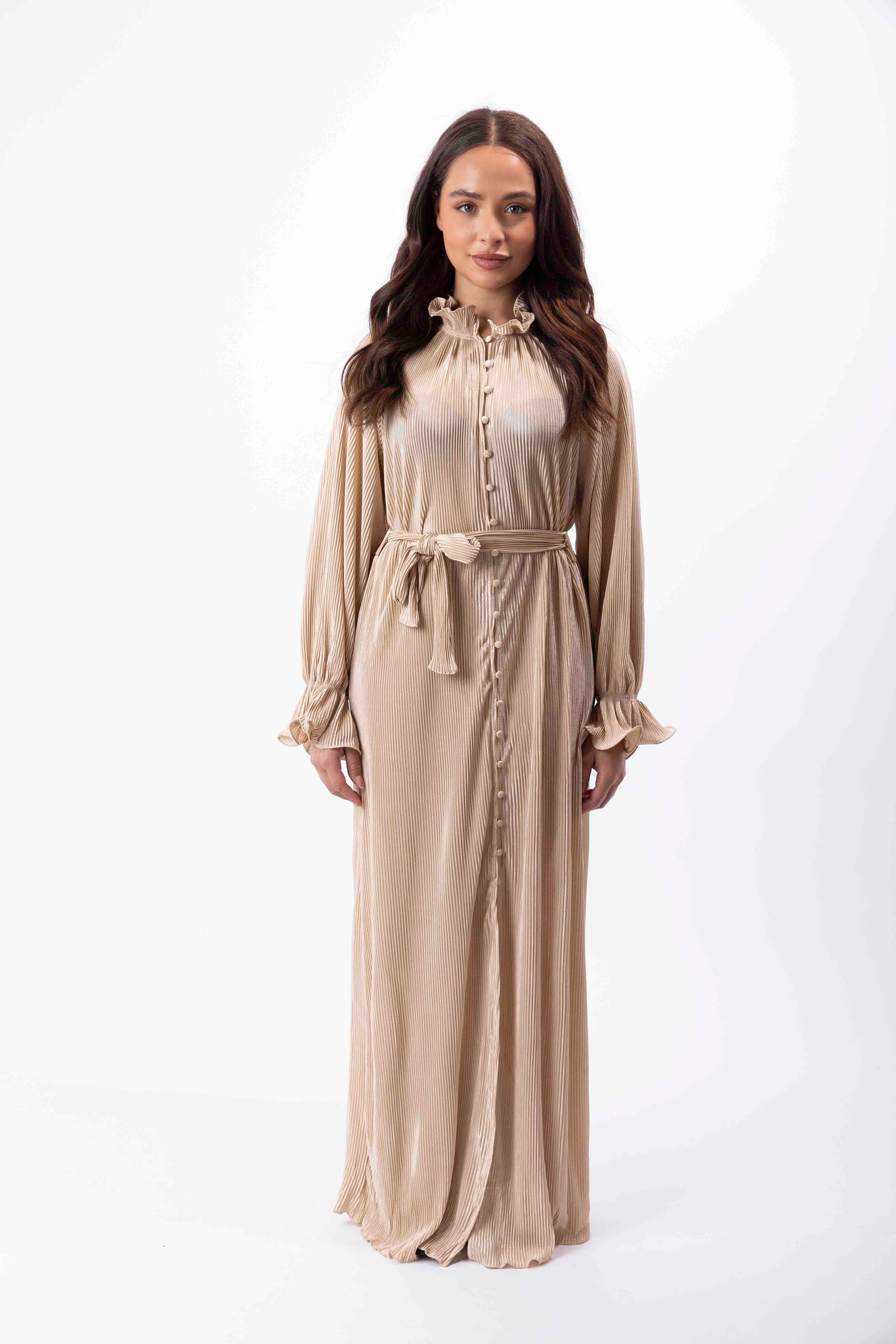 Satin Plisse Button Down Elegant Extra Long Tie Up Maxi Dress