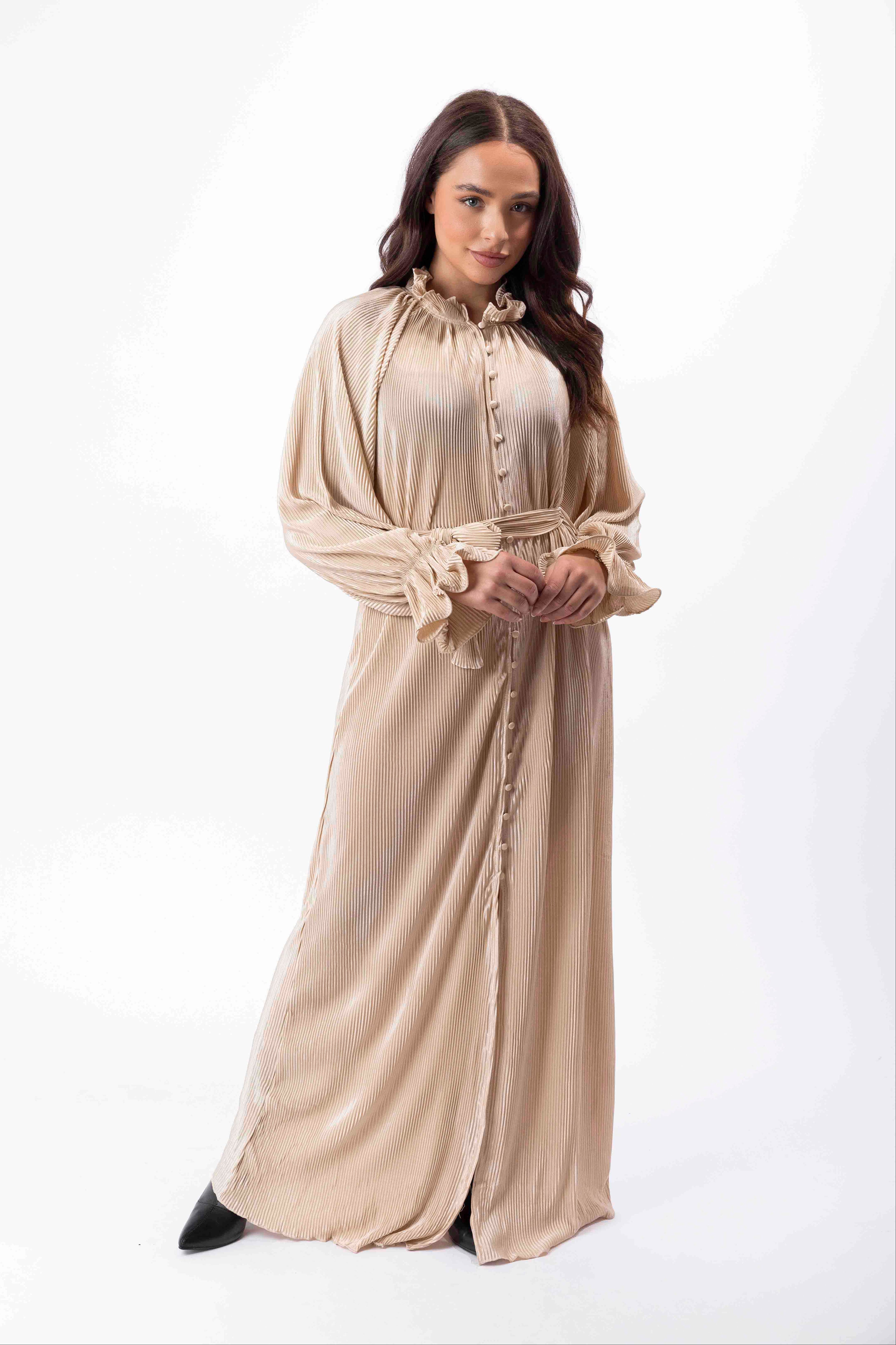 Satin Plisse Button Down Elegant Extra Long Tie Up Maxi Dress