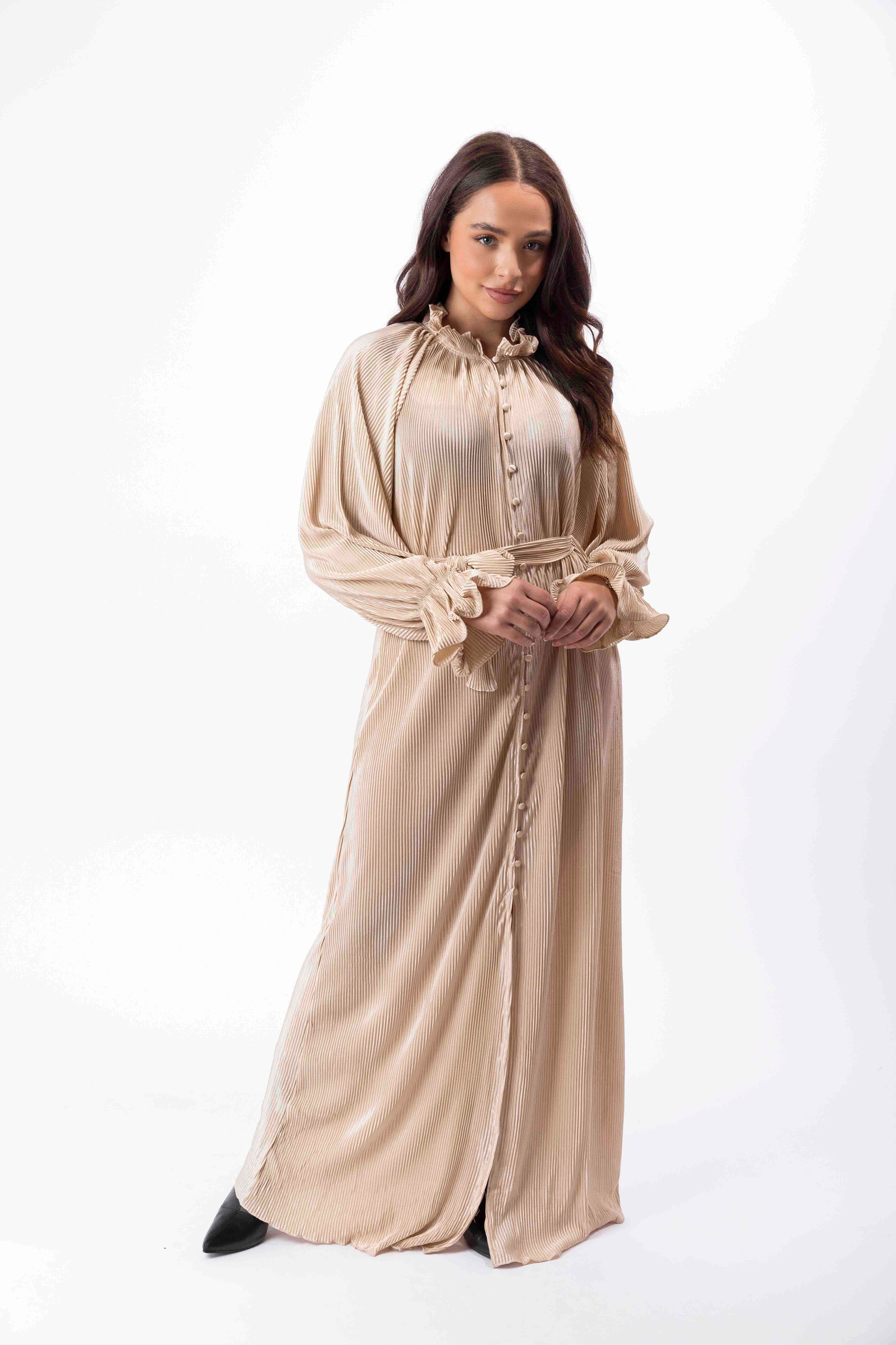 Satin Plisse Button Down Elegant Extra Long Tie Up Maxi Dress
