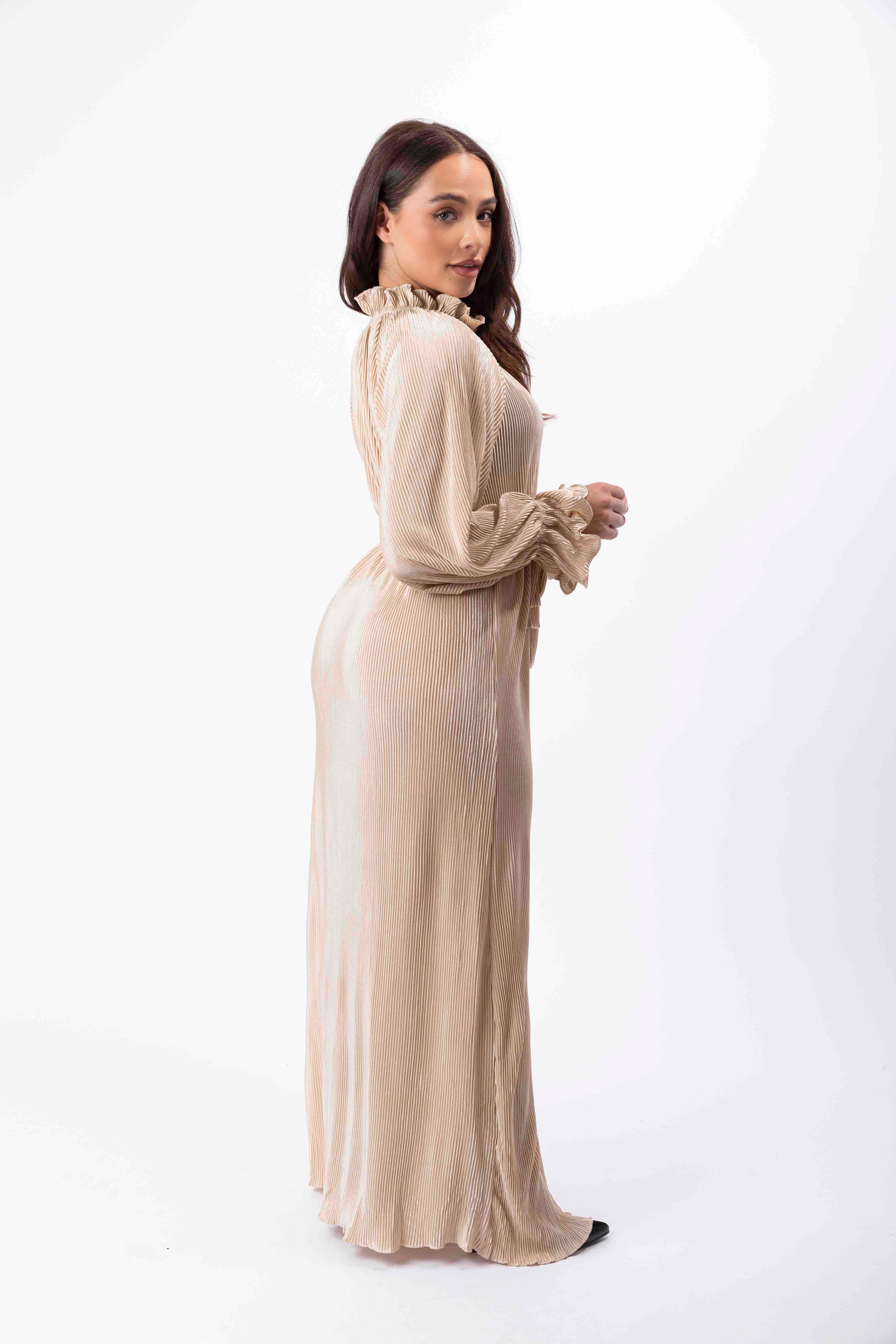 Satin Plisse Button Down Elegant Extra Long Tie Up Maxi Dress