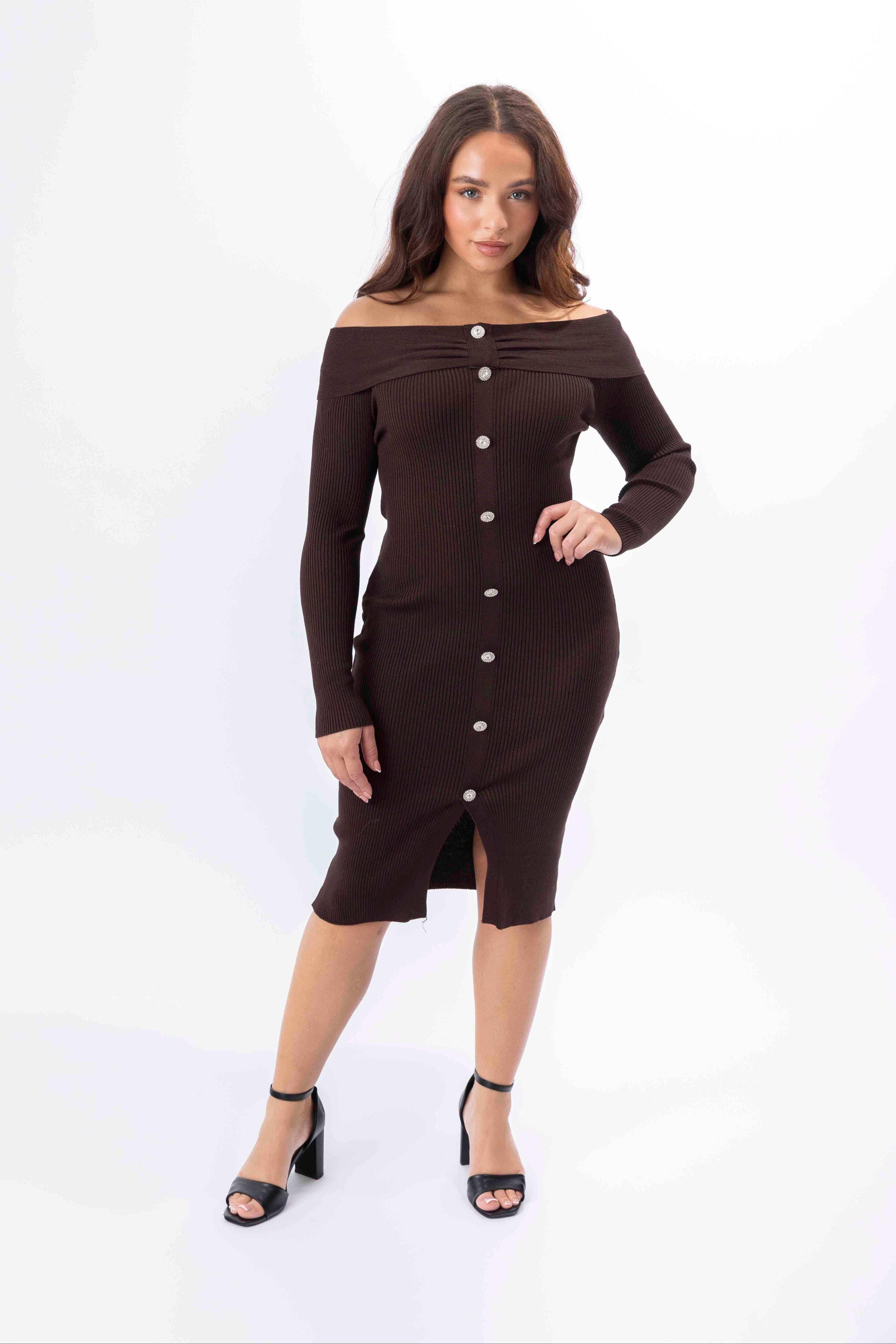 Off Shoulder Long Sleeve Button Detail Viscose Ribbed Knit Midi Dress