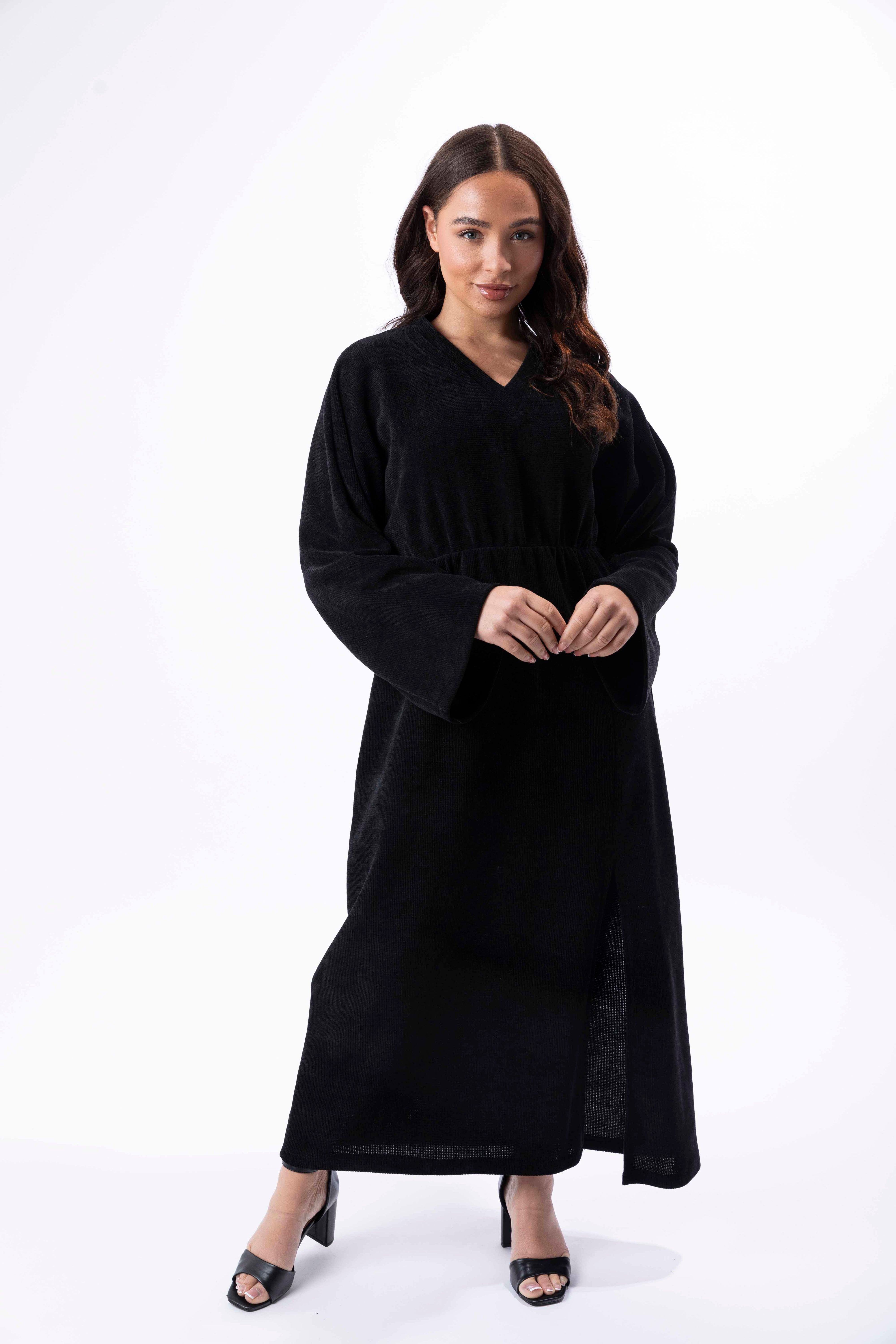 Textured Velour Bat Sleeve Side Slit Long Dress-SinglePrice