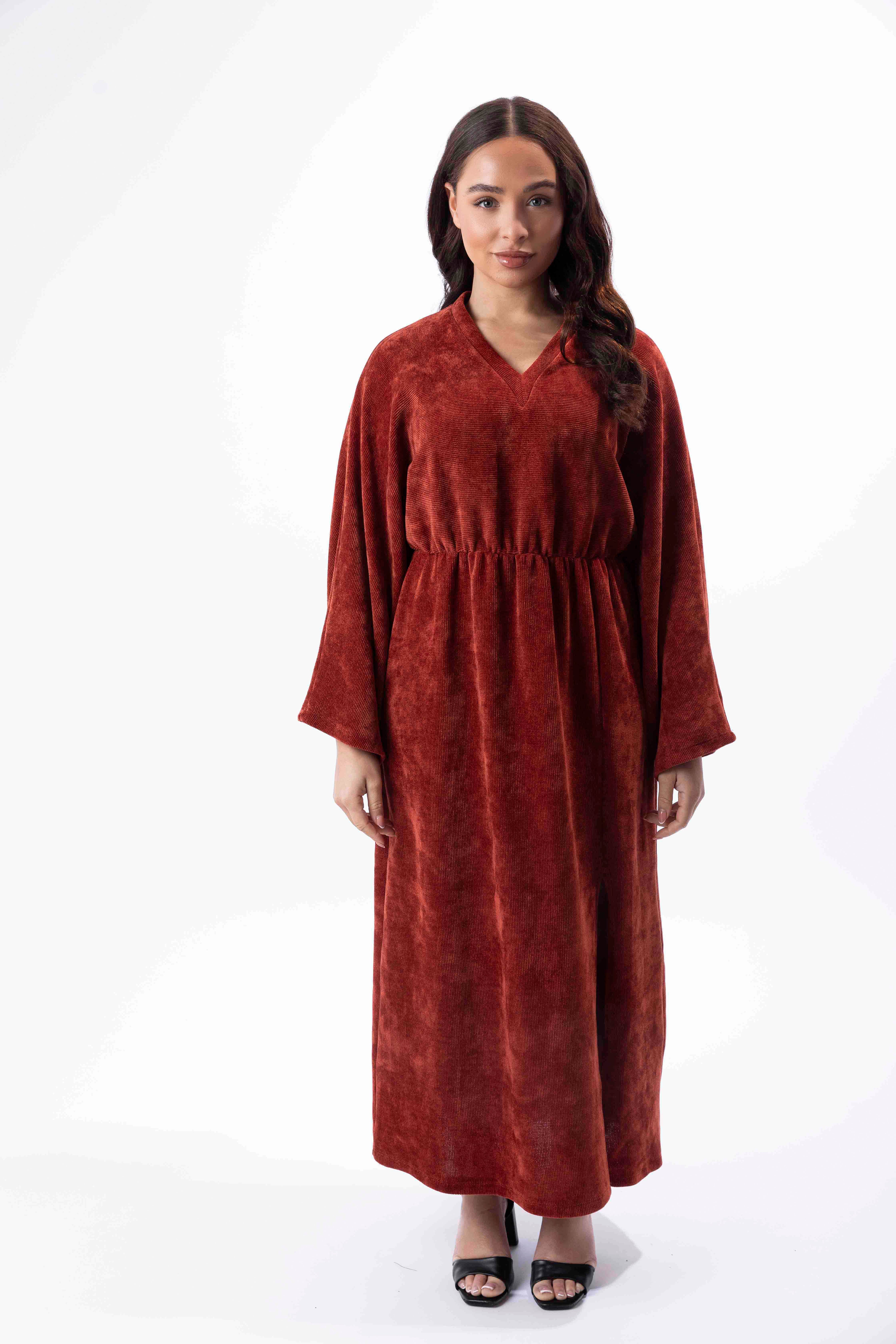 Textured Velour Bat Sleeve Side Slit Long Dress-SinglePrice