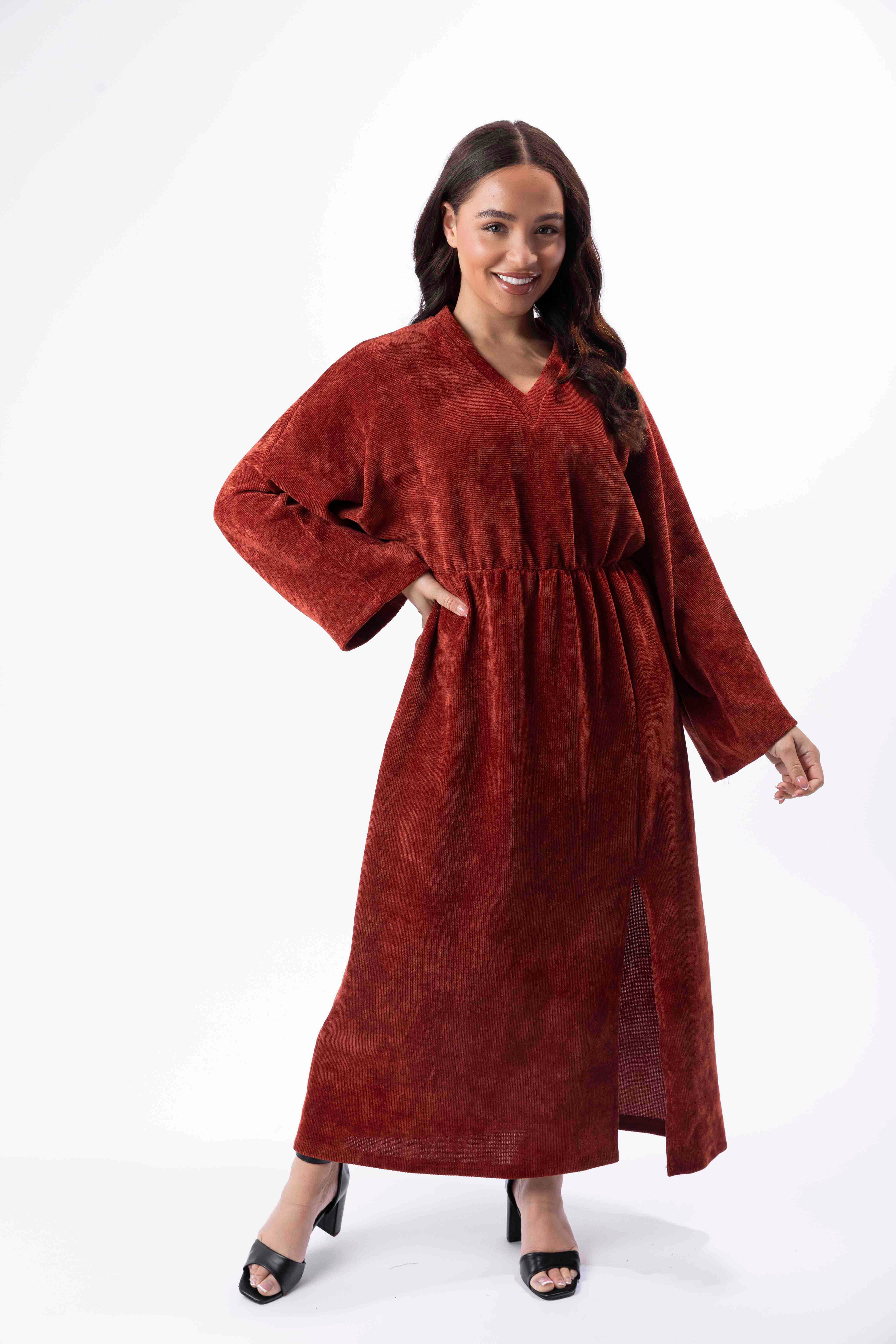 Textured Velour Bat Sleeve Side Slit Long Dress-SinglePrice