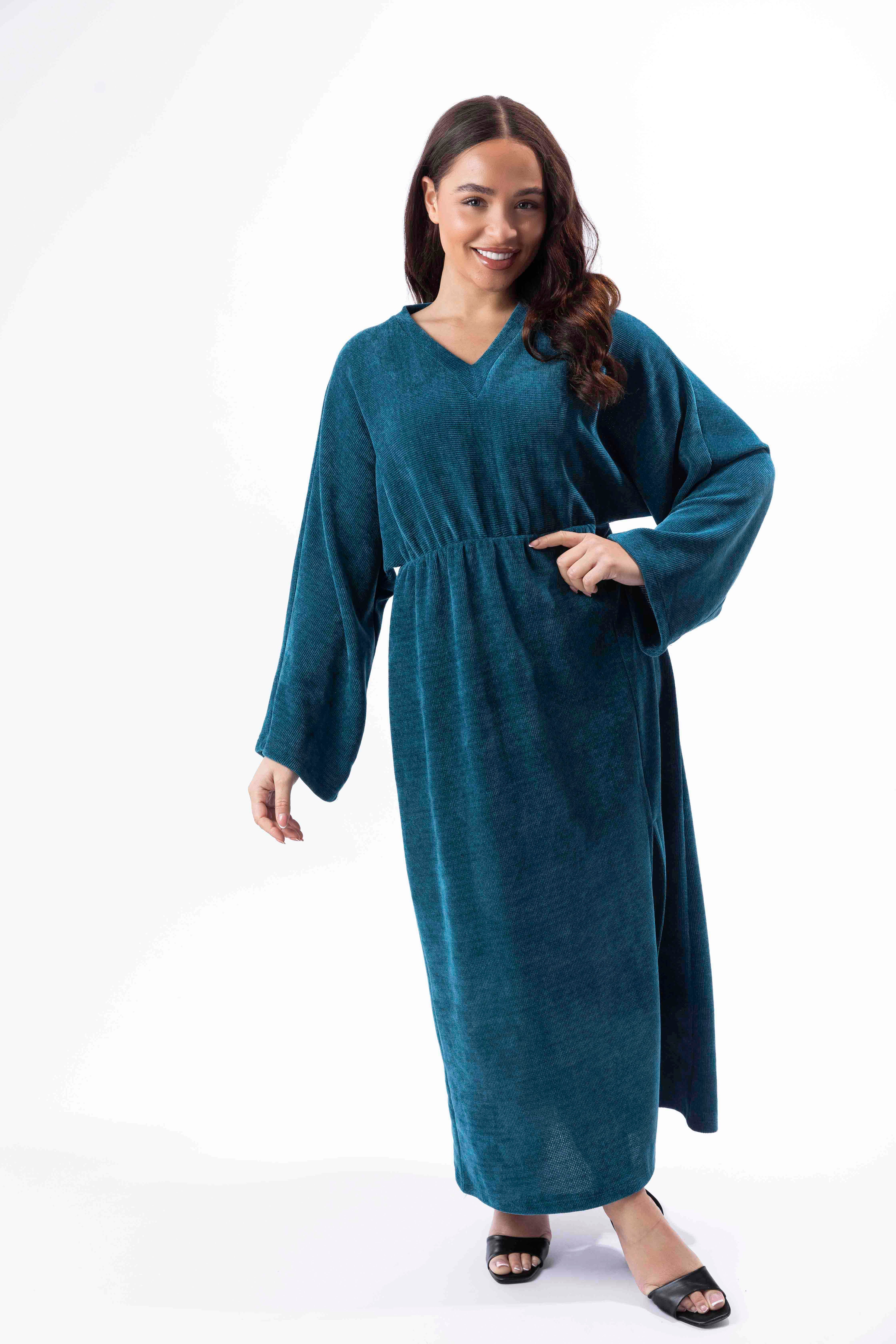 Textured Velour Bat Sleeve Side Slit Long Dress-SinglePrice