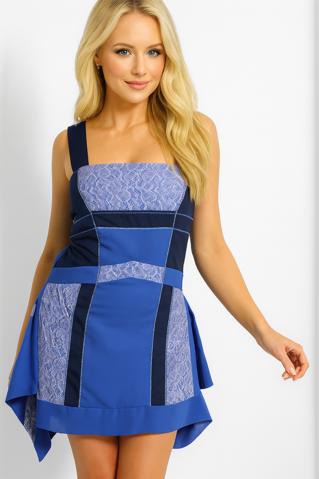 Blue Patched Colourblock Side Drape Details Mini Dress