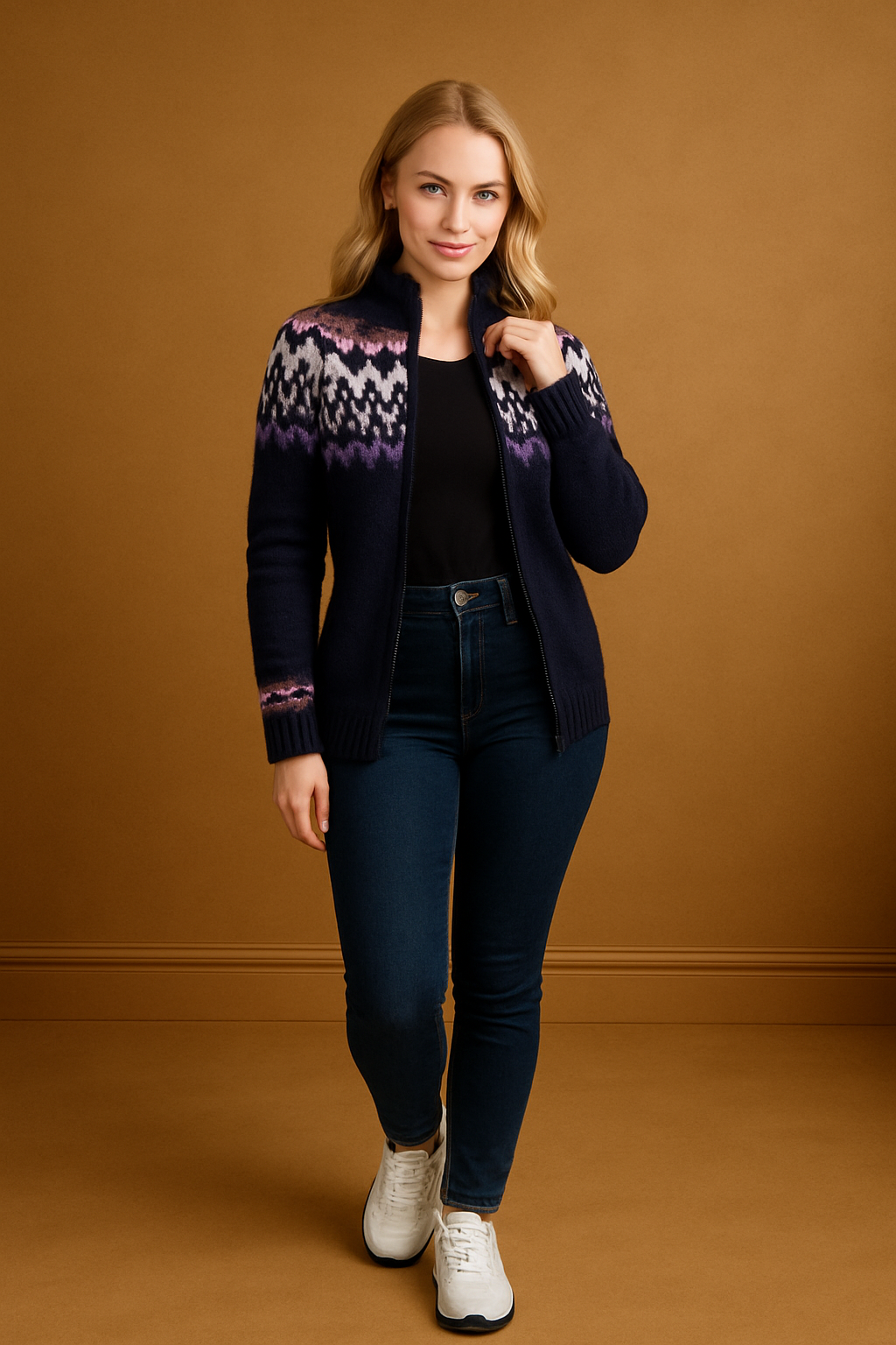 Tiara Fair İsle Print Thick Knitted Full Zip Cardigan