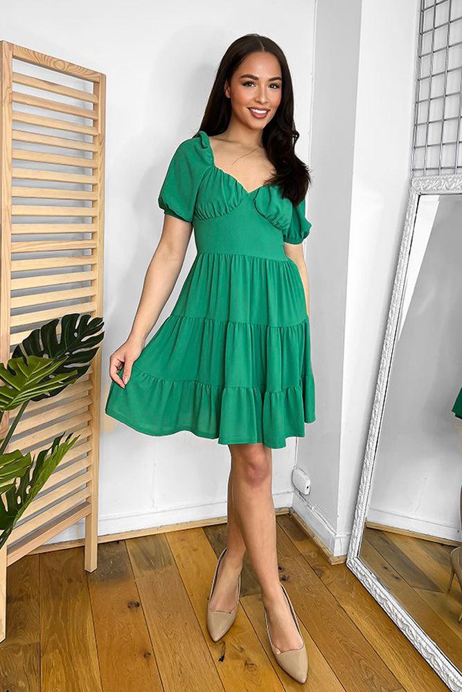 Green Milkmaid Tiered Skirt Dress-SinglePrice