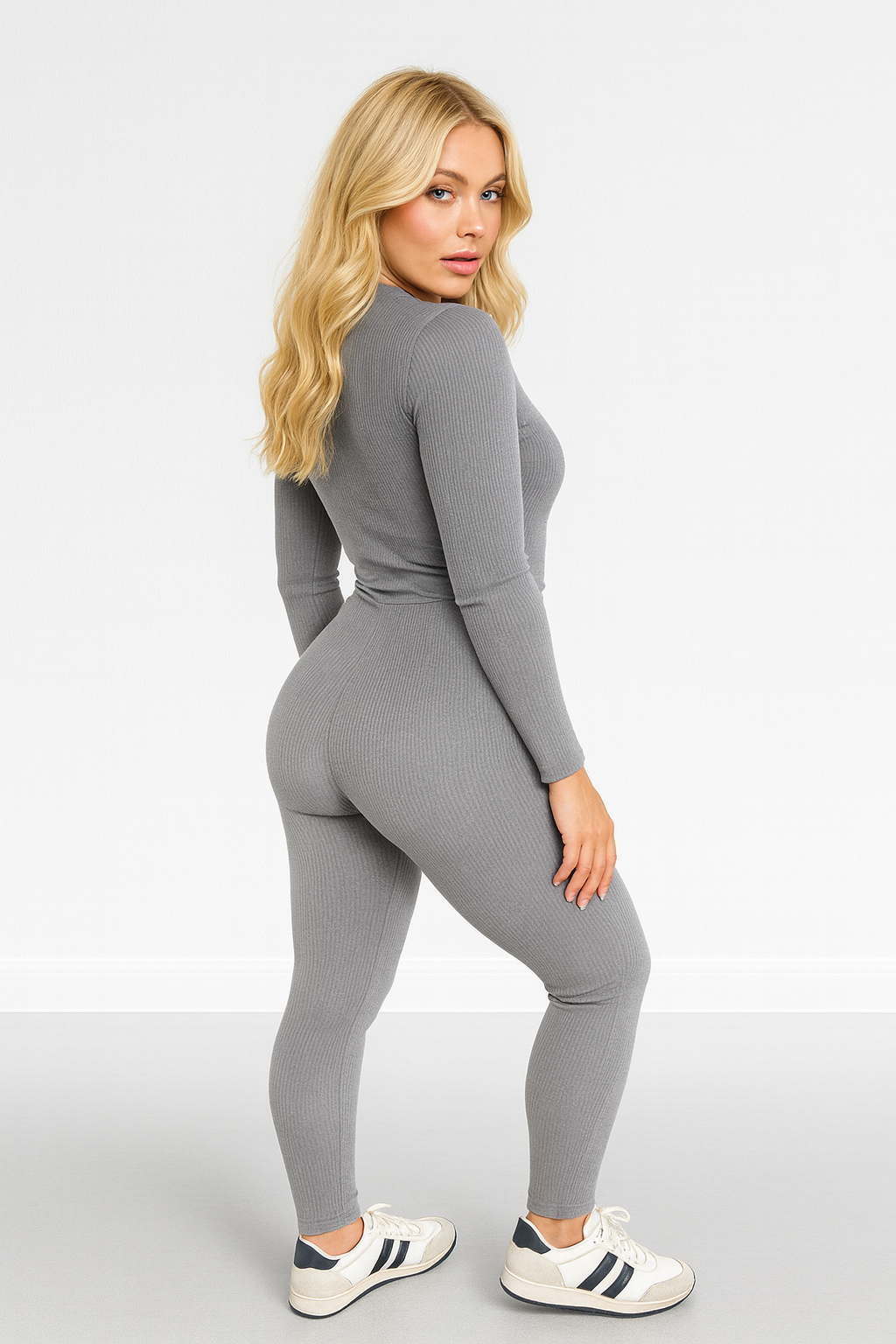Mini Rib Stretch Fabric Scoop Neck Onesie Jumpsuit