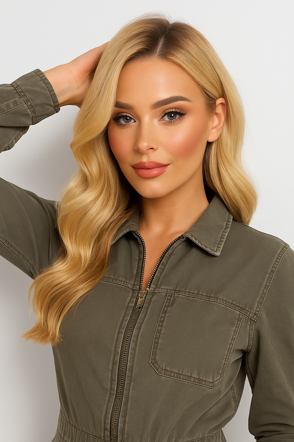 Oversized Design Dusty Olive Zip Denim Boiler Jumpsuit