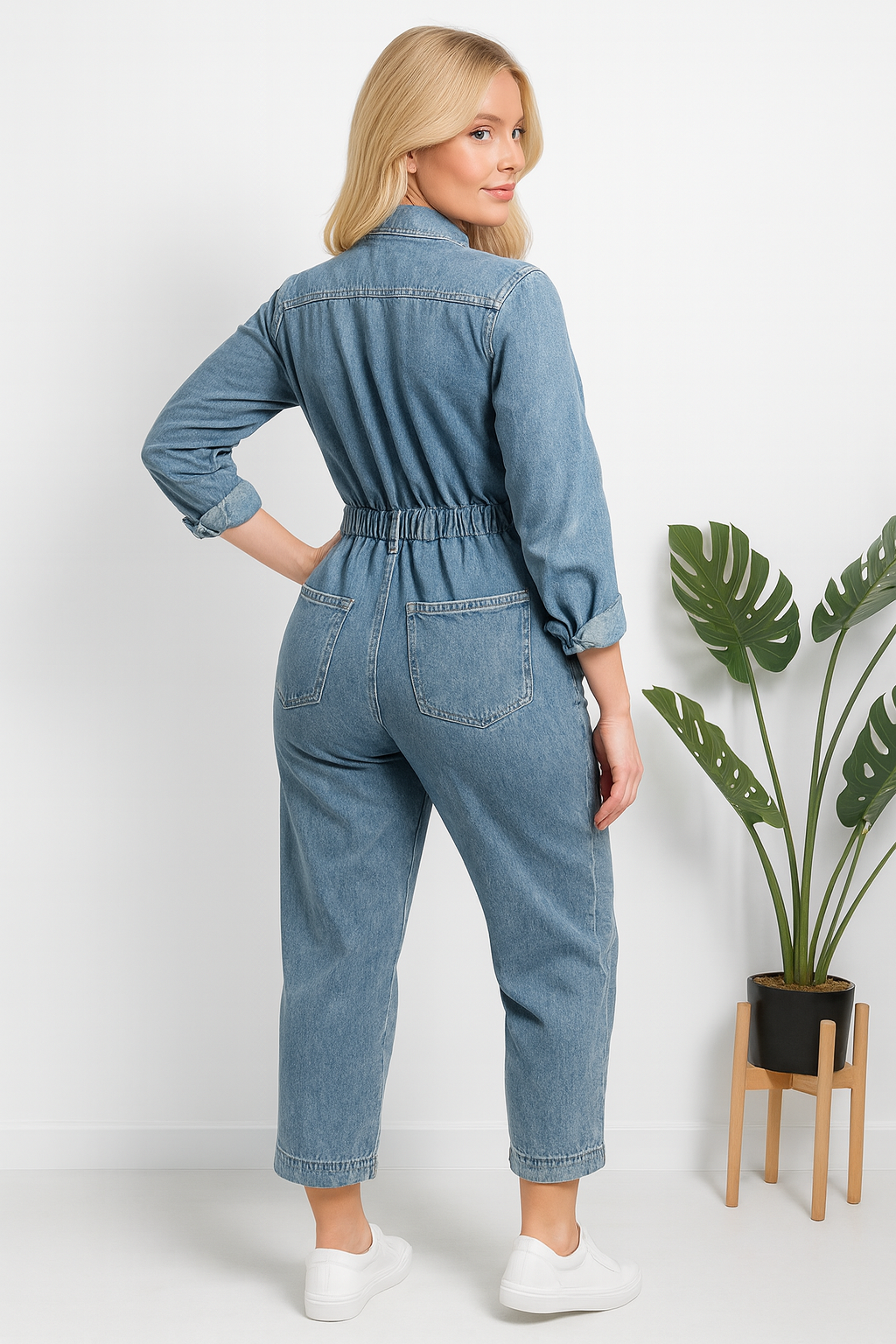 Cropped Leg Zipped Denim Jumpsuit