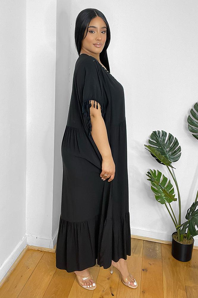 Gold Braid Trim And Tassel Cotton Blend Summer Dress-SinglePrice