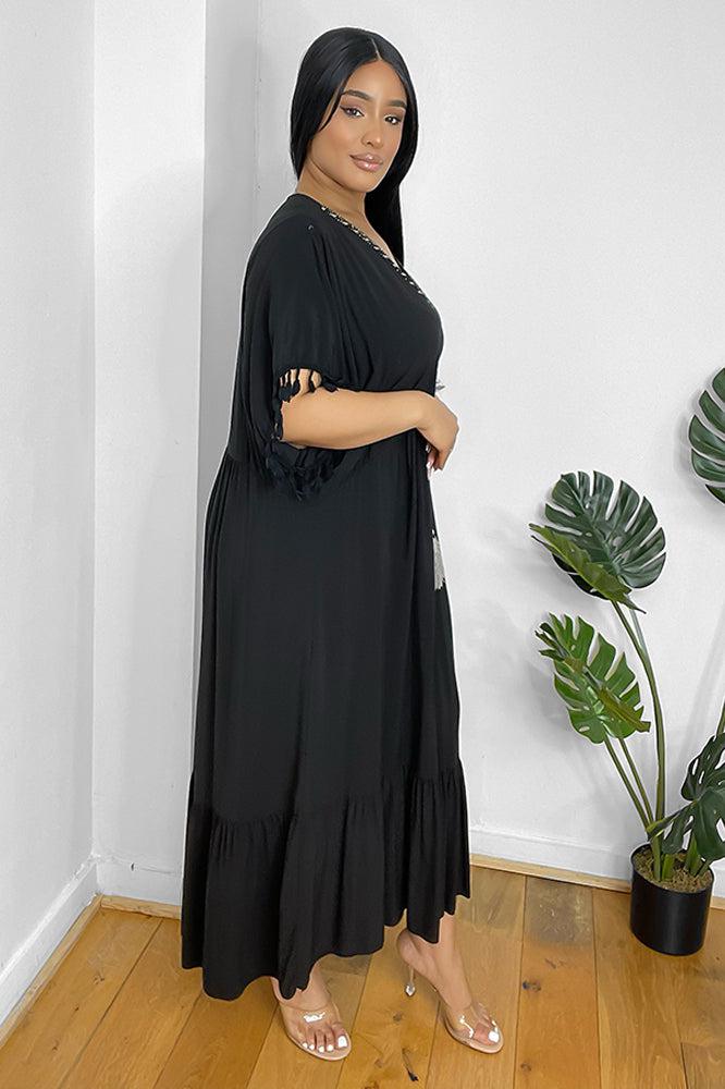 Gold Braid Trim And Tassel Cotton Blend Summer Dress-SinglePrice