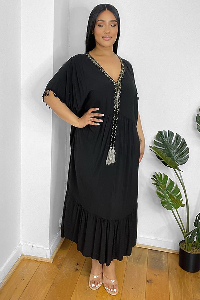 Gold Braid Trim And Tassel Cotton Blend Summer Dress-SinglePrice