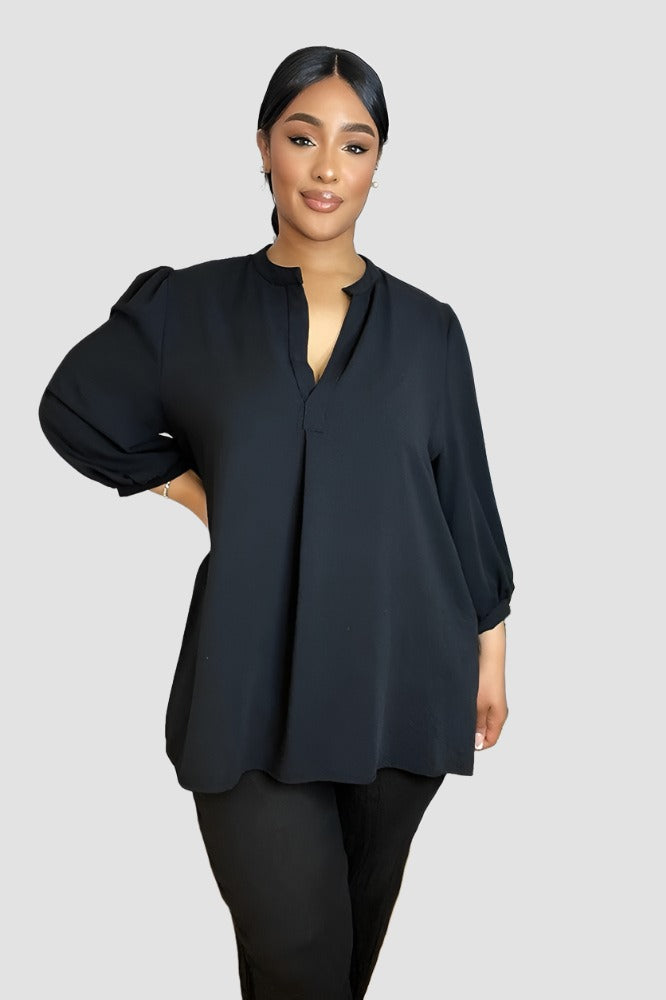 Grandad Collar Lantern Sleeves Blouse-SinglePrice