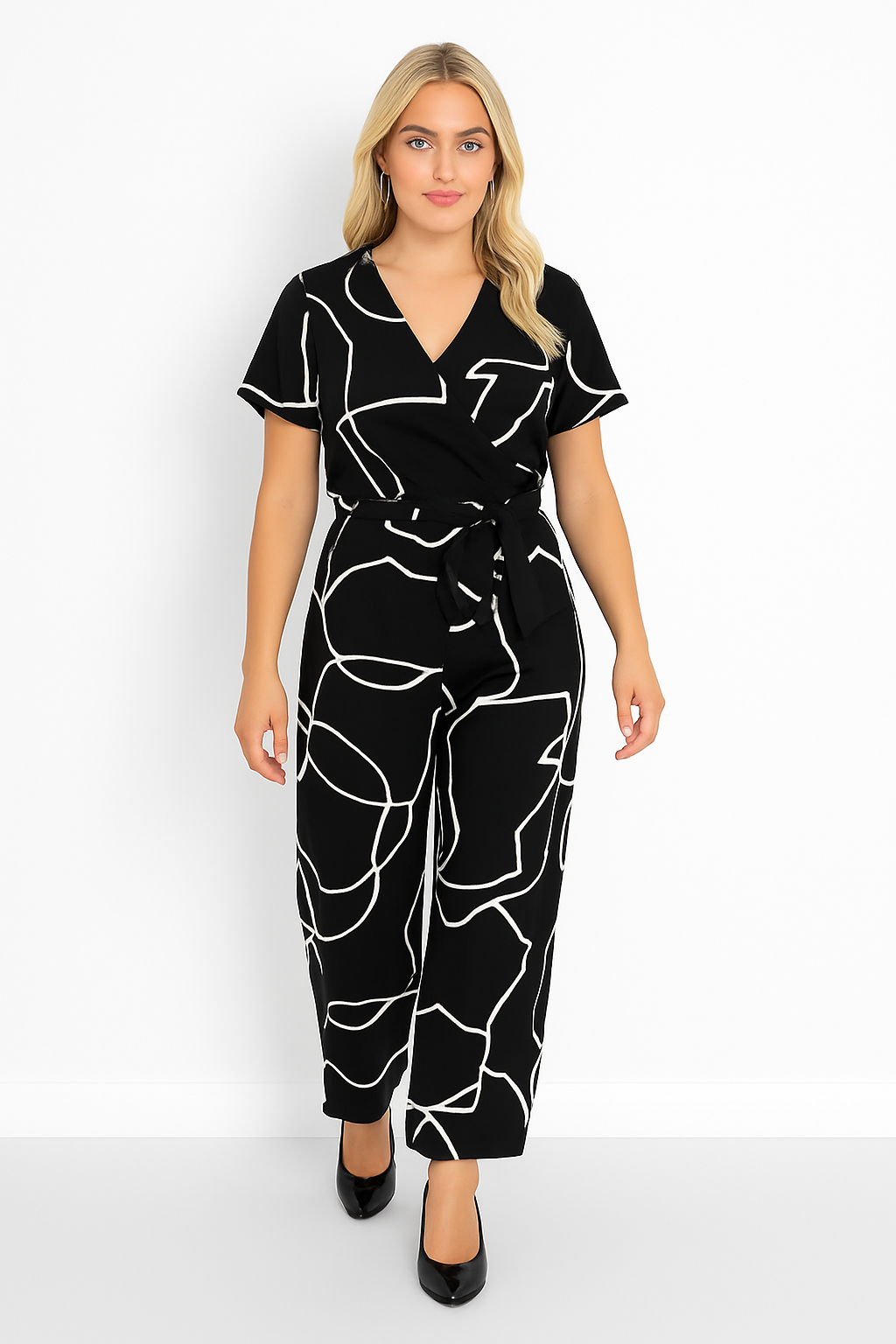 Low-Cut Short Sleeve Tie Waist Straight Leg Viscose Blend All Over Print Jumpsuit