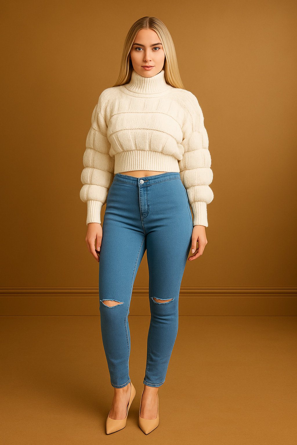 Slashed Knee High Waist Jeans