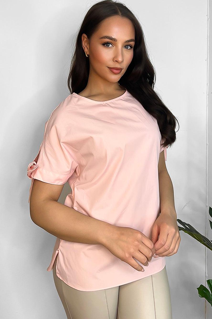 Pink Short Sleeve WIth Ties Cotton Blend Blouse-SinglePrice