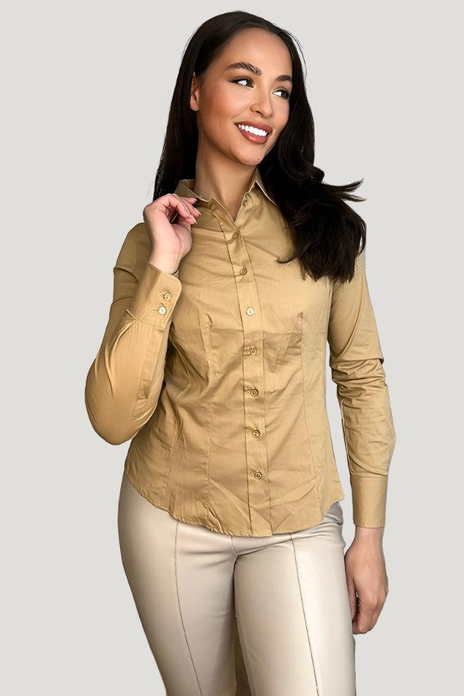 Camel Cotton Blend Button Down Smart Shirt-SinglePrice