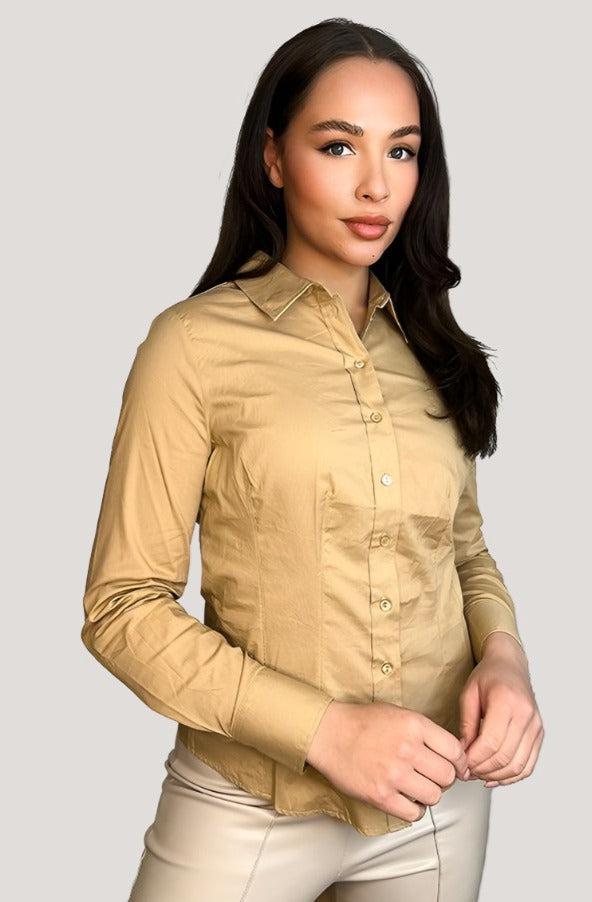 Camel Cotton Blend Button Down Smart Shirt-SinglePrice