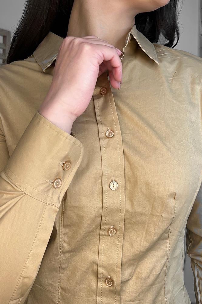 Camel Cotton Blend Button Down Smart Shirt-SinglePrice