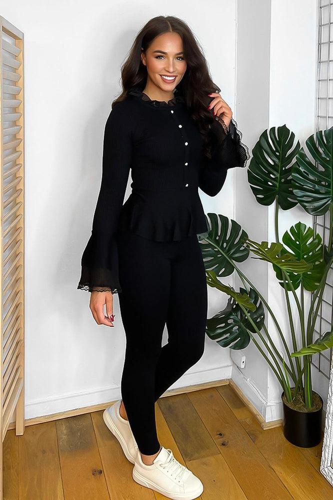 Organza Neck Crystal Button Details Rib Knit Lounge Set-SinglePrice