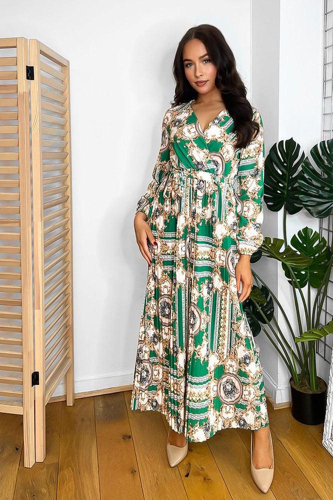 Baroque Print Fixed Wrap Midi Dress-SinglePrice