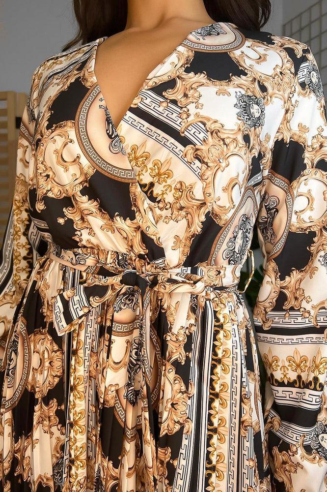 Baroque Print Fixed Wrap Midi Dress-SinglePrice