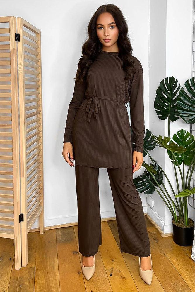 Relaxed Fit Ribbed Finish Tunic And Trousers Set-SinglePrice