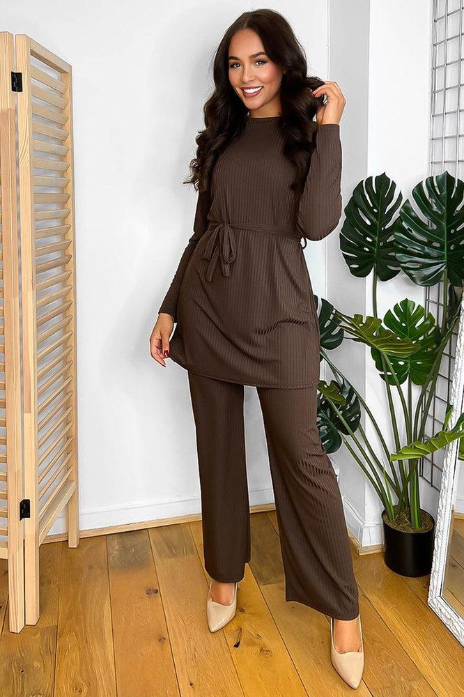 Relaxed Fit Ribbed Finish Tunic And Trousers Set-SinglePrice