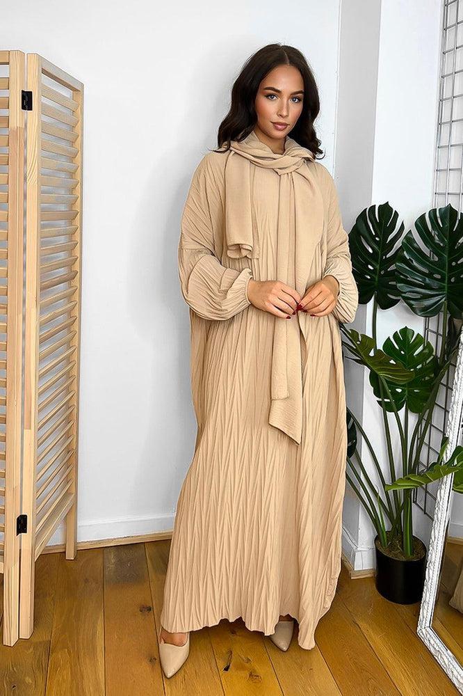 Shirred Fabric Modest Dress And Scarf Set-SinglePrice