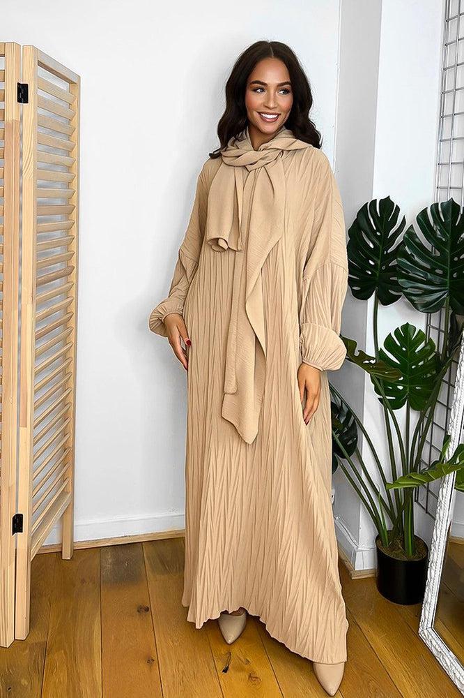 Shirred Fabric Modest Dress And Scarf Set-SinglePrice