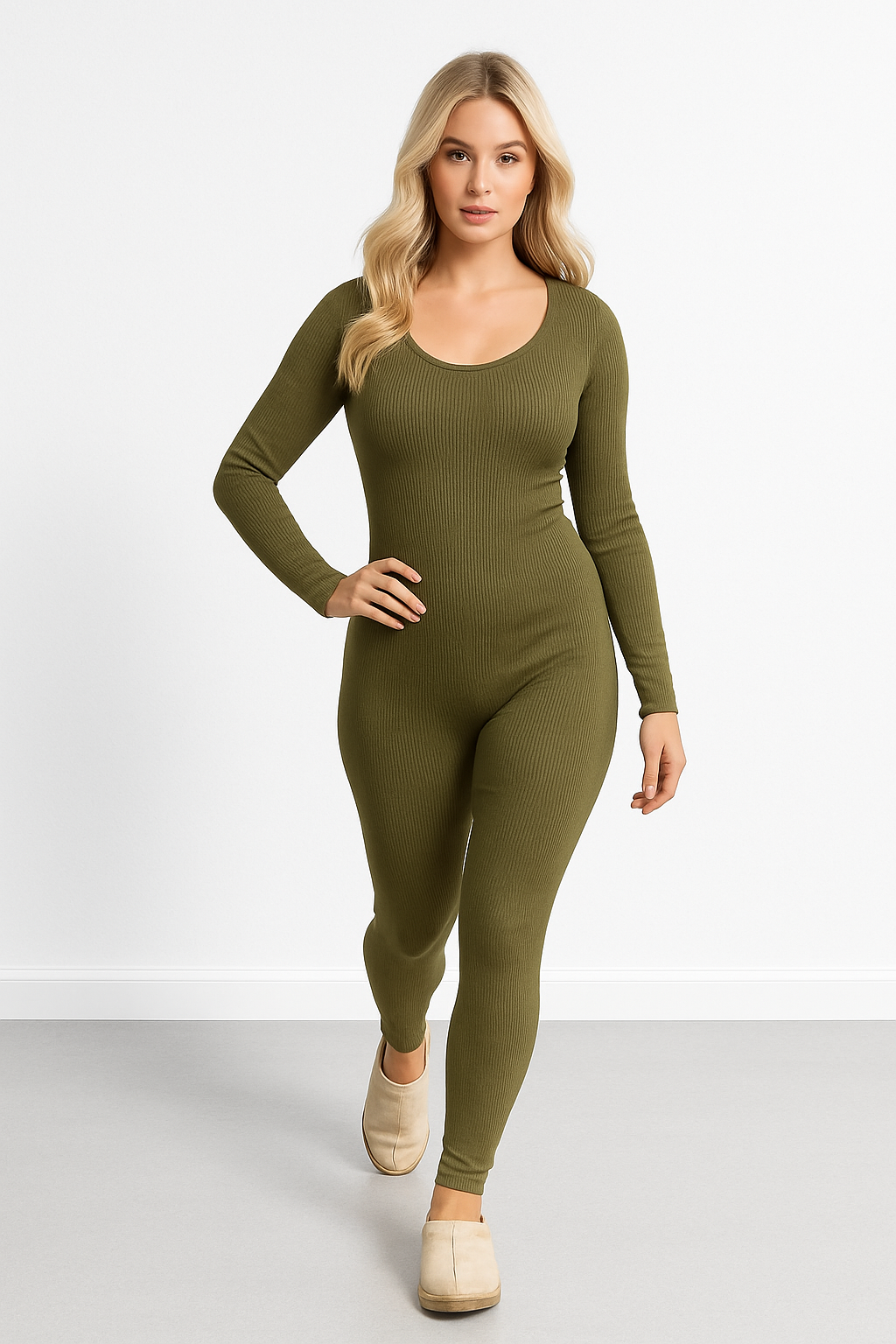 Mini Rib Stretch Fabric Scoop Neck Onesie Jumpsuit