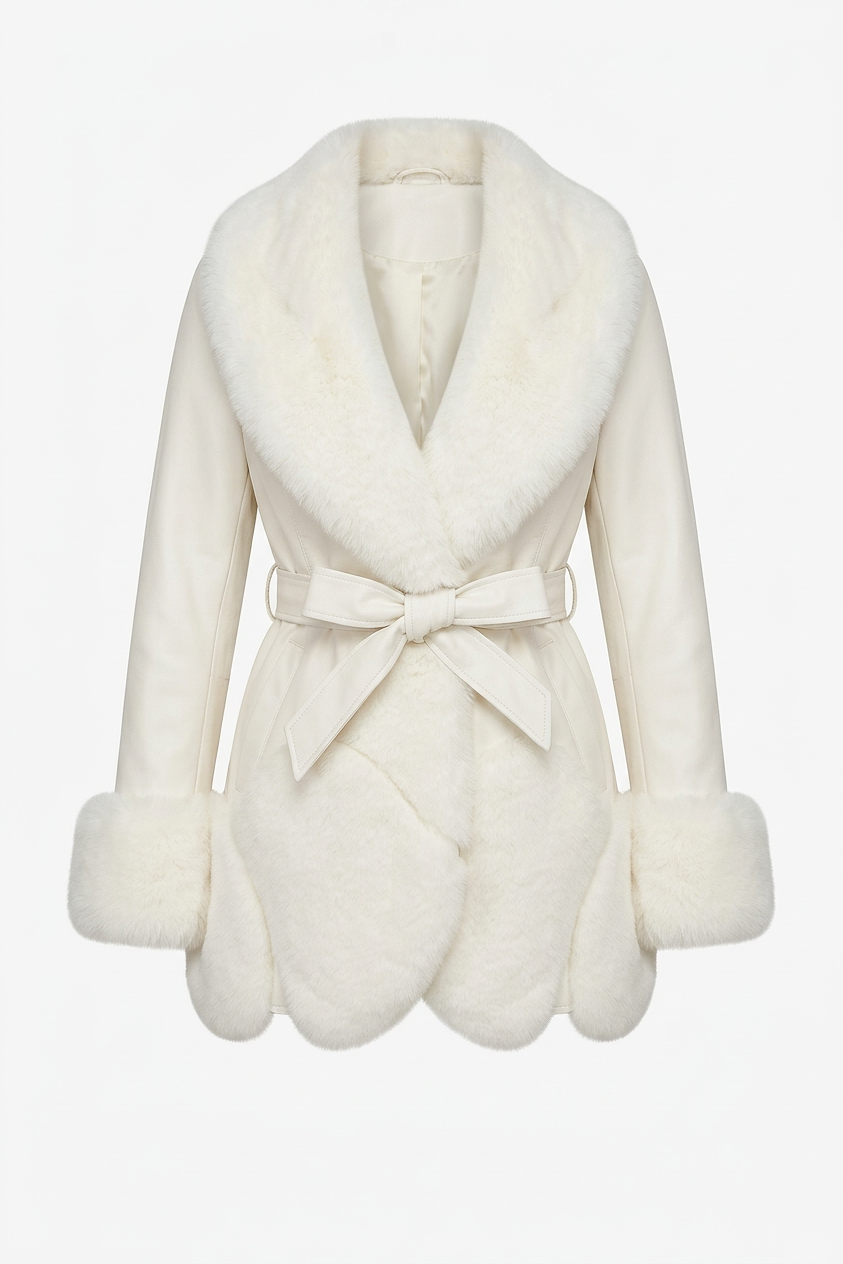 Faux Fur And Vegan Leather Waist Tie Deep Plunge Jacket