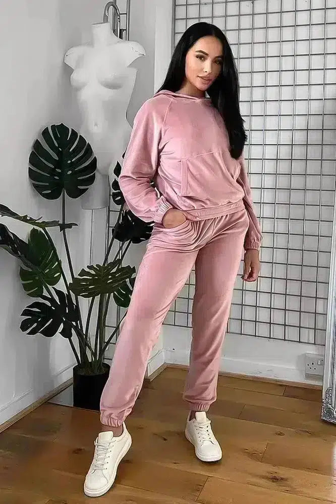 Solid Colour Velour Hooded Tracksuit-SinglePrice